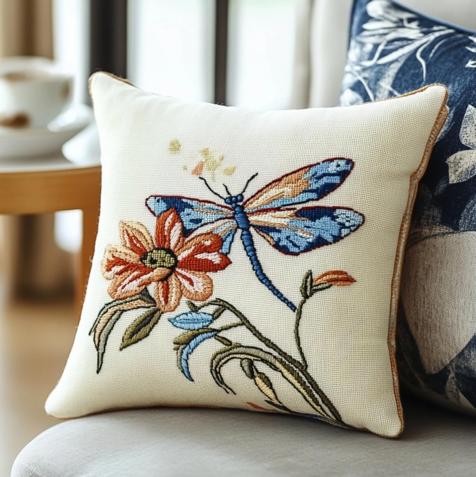 WallustrioaW Cross Stitch Embroidery Cushion Kits,Flowers and Dragonflies Stitched Pillow Cover Kit for Adults Beginners 11ct Needlework Set Decoration 18x18in