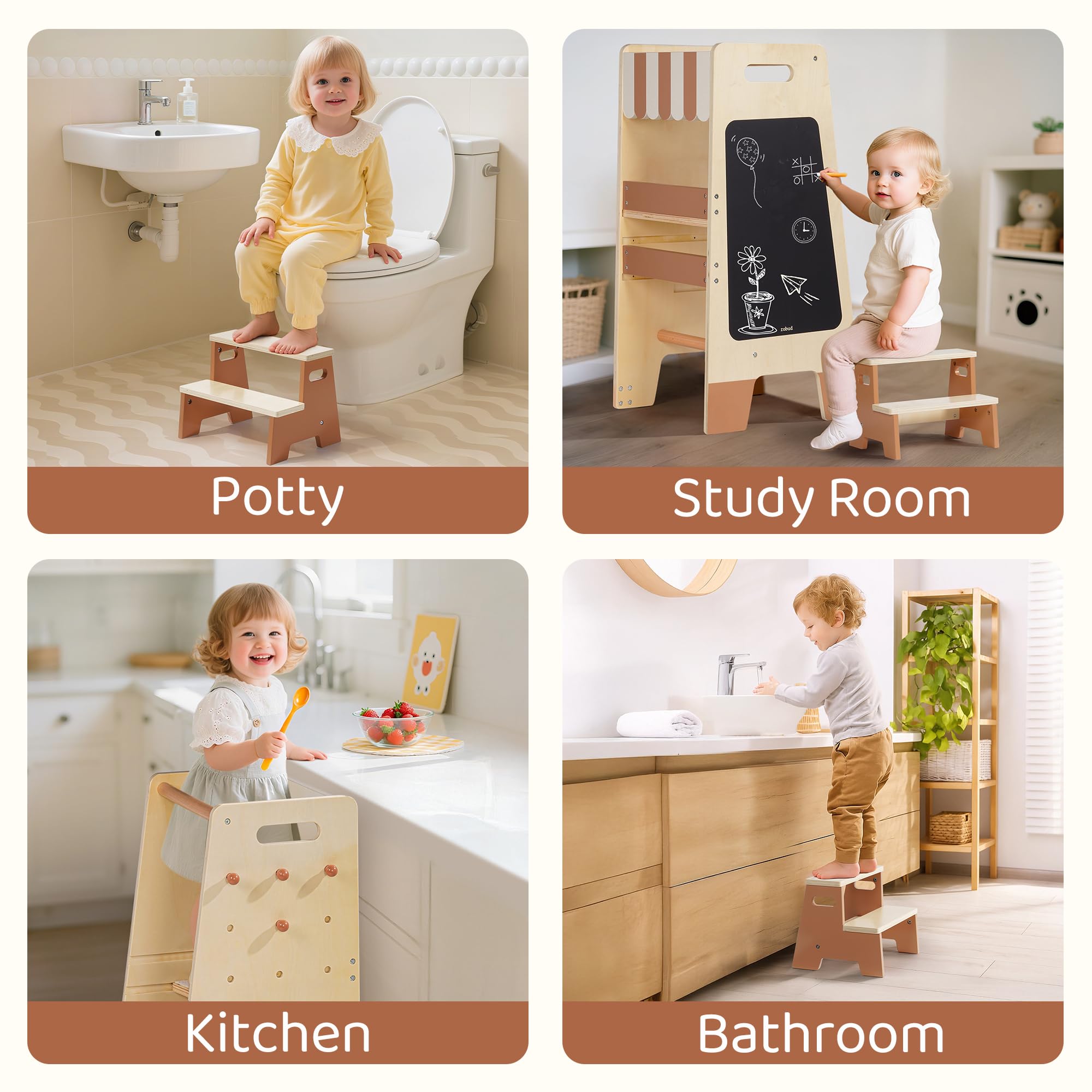 ROBOTIME Montessori taboret do schodków z drewna dla małych dzieci, z balustradą bezpieczeństwa i tablicą – pomocnik kuchenny dla dzieci od 2 lat, meble łazienkowe i dziecięce