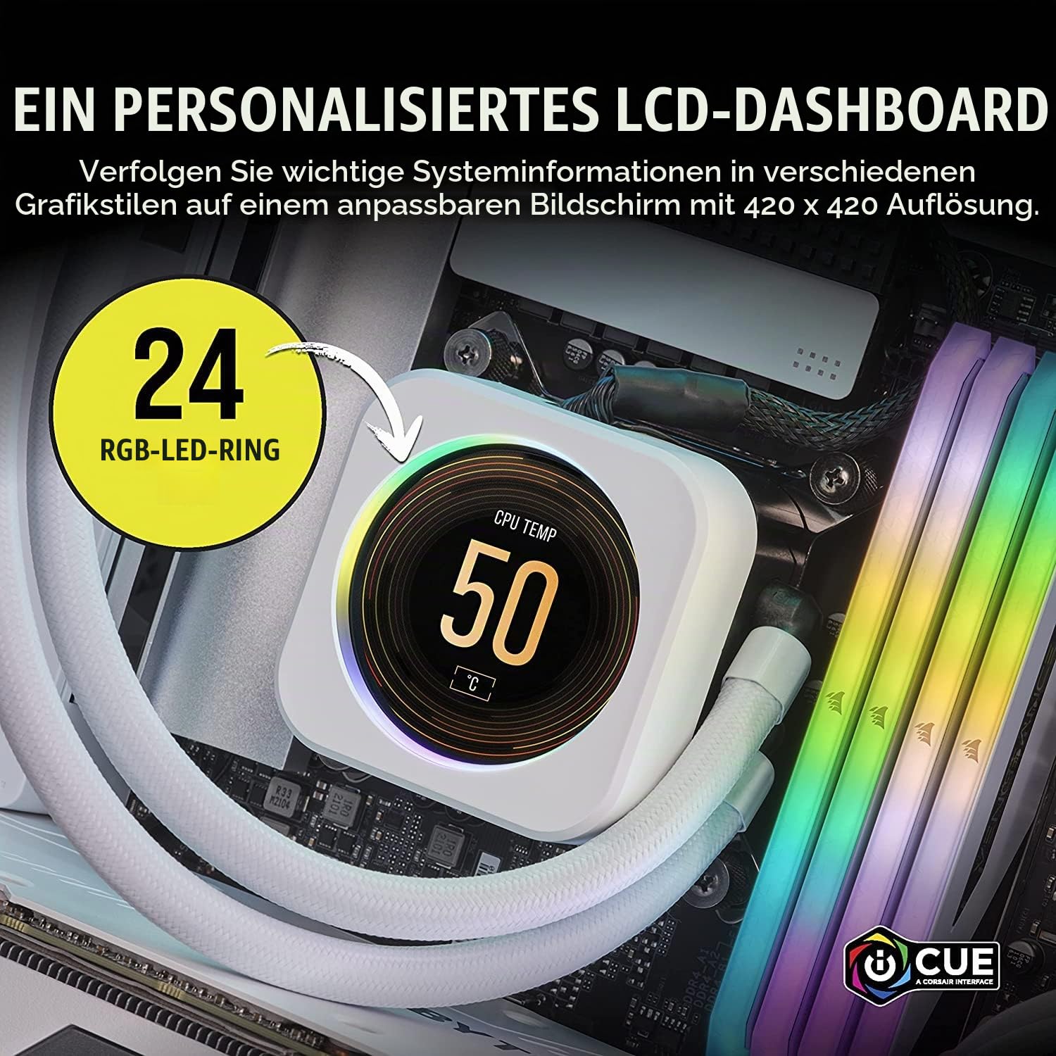 Corsair iCUE Elite CPU-Kühler LCD-Display Upgrade-Kit (IPS-LCD-Bildschirm mit anpassbarer Anzeige, 24 Bit Farbtiefe, 16,7 Millionen Farben, Ring mit 24 RGB-LEDs, Kompatibel mit iCUE Software) Weiß