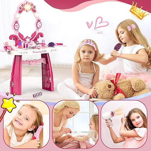 Miniatura 3 de Juguete de mesa de maquillaje para niños pequeños con espejo y silla, juego de tocador para niños con luces y sonidos secador de pelo, accesorios de