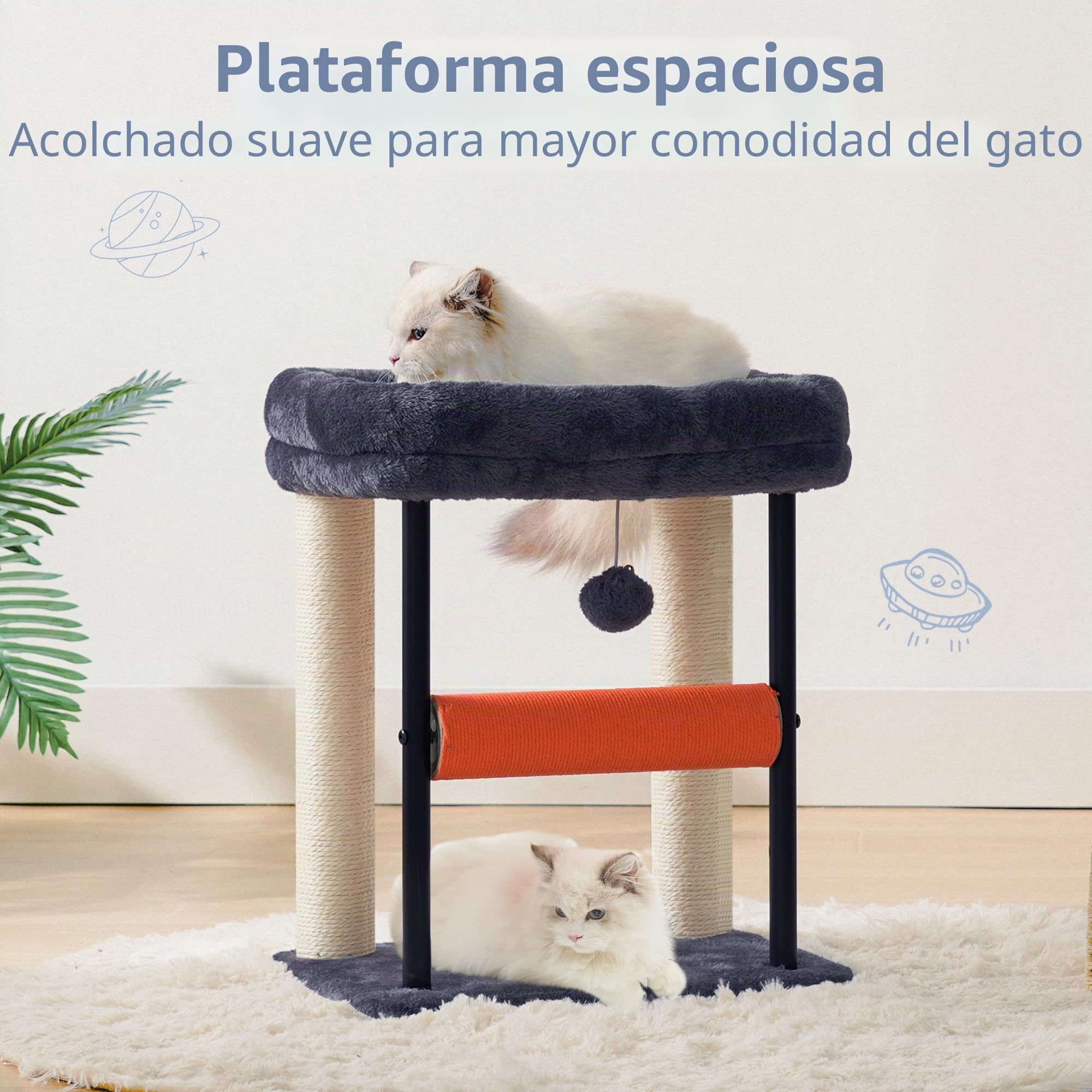 Hey-brother Árbol rascador pequeño para Gatitos 50 cm, Poste rascador Giratorio de sisal, Plataforma de Felpa, Columna Cubierta de sisal, Incluye Pelotas jugueteras, Gris Humo EMPJ010SG