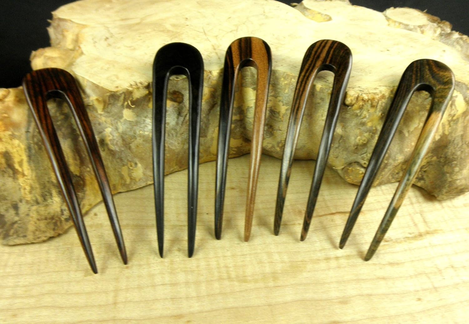 JWL (2) S.E. Asian Ebony Two Prong Curved 4.5 Inch Hair Forks Stick Pick Pic Pin Fork - Hawaiian Style