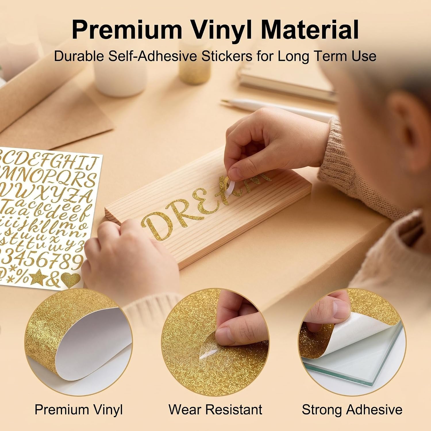 1260 Pcs Gold Alphabet Stickers, 1" Self-Adhesive Letters Decals for Crafts | 12 Sheets Glitter Vinyl Letter,Digits & Symbols, Perfect for Gift Wrapping, DIY Crafts, Water Bottles, and Mailbox Decor