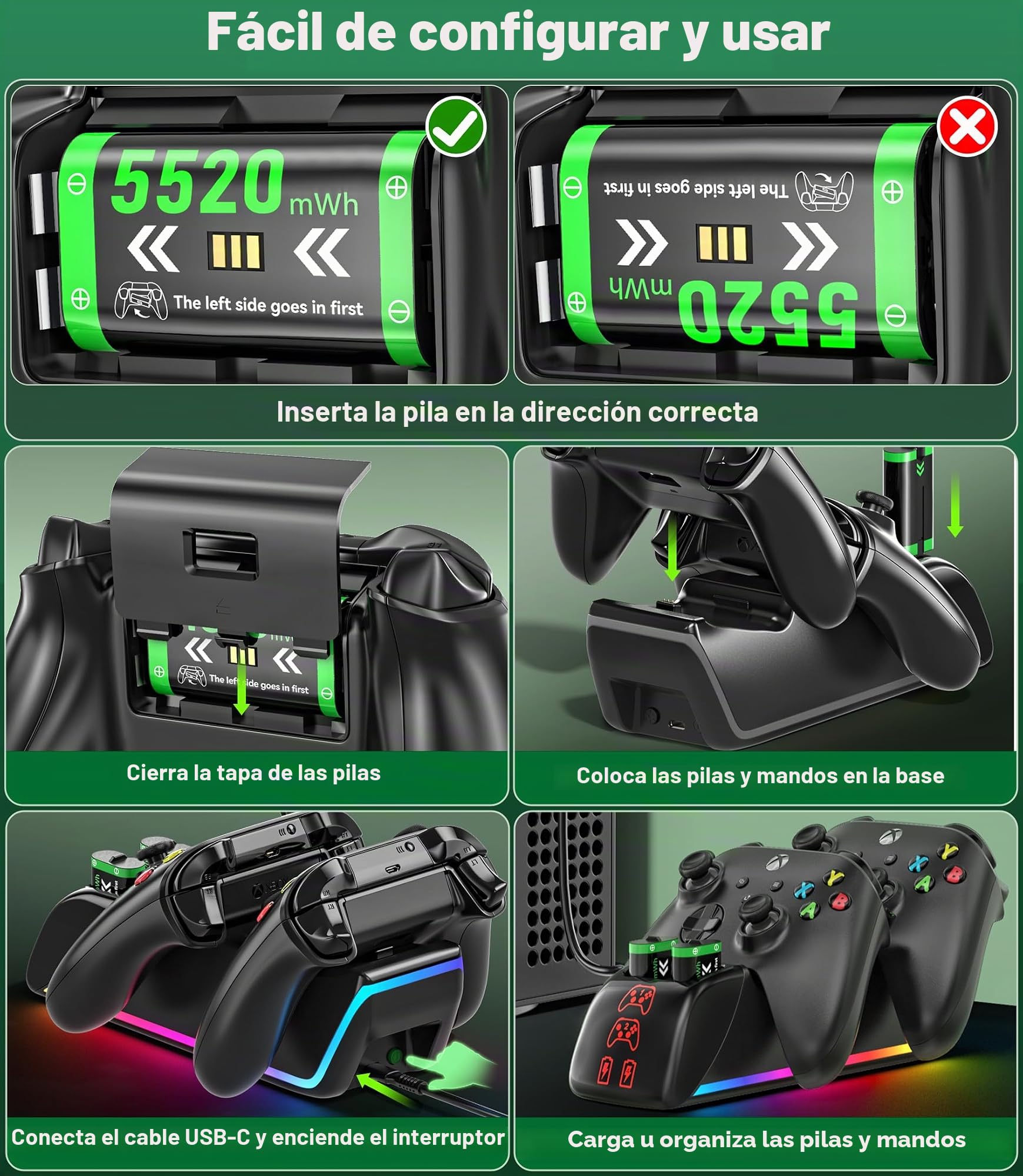 Base de Carga Mando Xbox con 4x5520mAh Batería Recargable, Cargador Mando Xbox One S|X/Elite, 9 RGB Cargador para Bateria Mandos X Box, Kit de Carga X Box Pilas