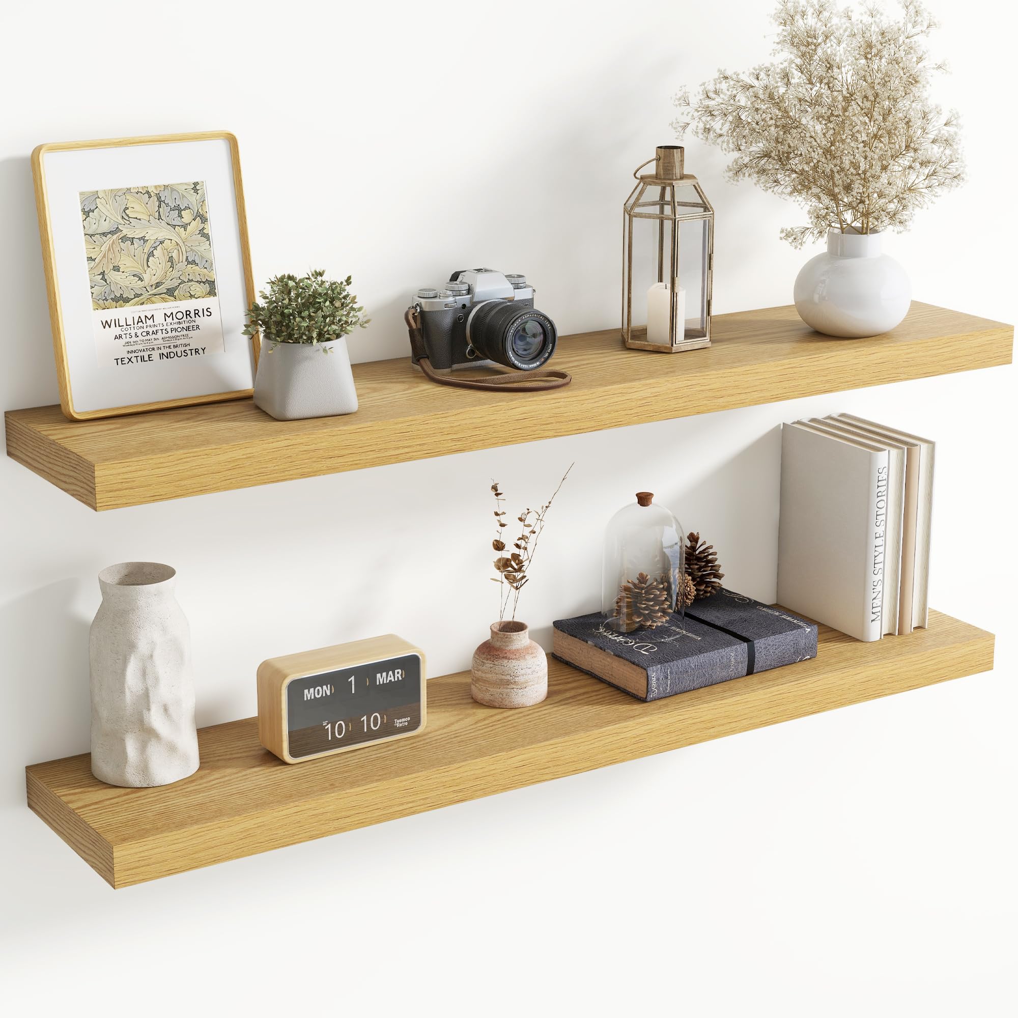 48 inch floating shelves for wall, 8 inch deep, invisible brackets, oak | rustic wall mounted shelf, storage & display, wooden shelves for living room, kitchen, bathroom and home decor, set of 2