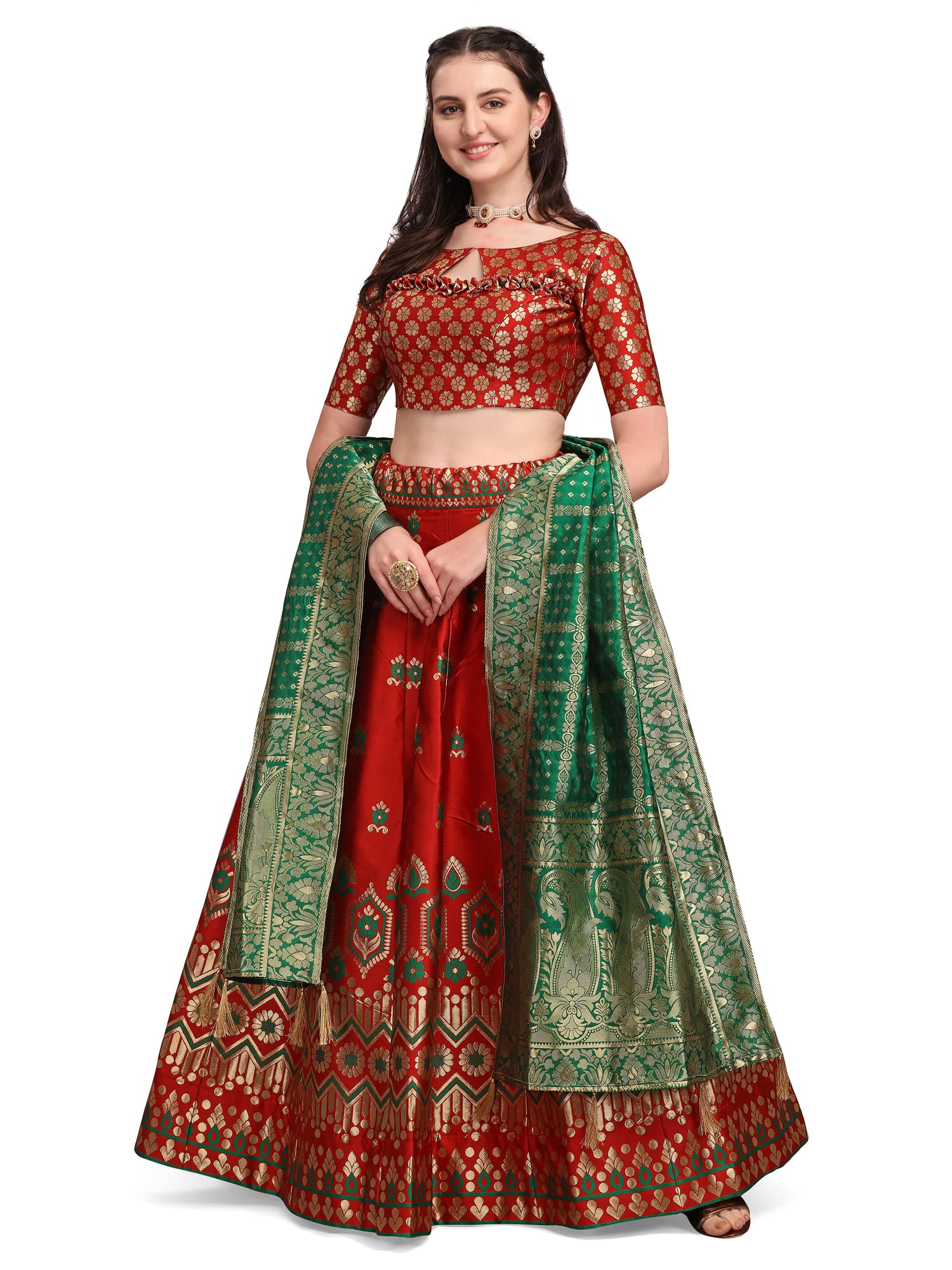 PURVAJA Women's Silk Blend Semi-Stitched Lehenga Choli (Keshvi-Red Free Size)