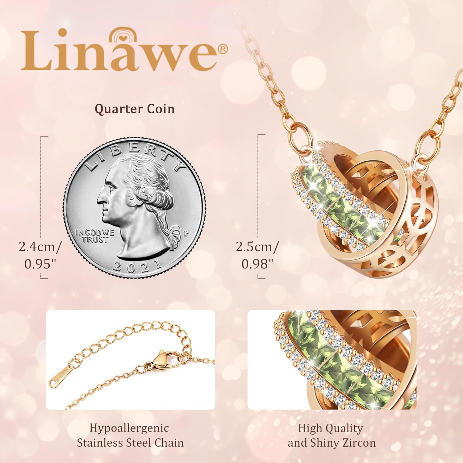 Linawe Moissanite Crystal Imitation Diamond Necklace for Women Trendy, Birthstone Rhinestone Dainty Jewelry, Circle Pendant Stainless Steel Chain Necklaces, Gold, Rose Gold and Silver Tones - Image 2