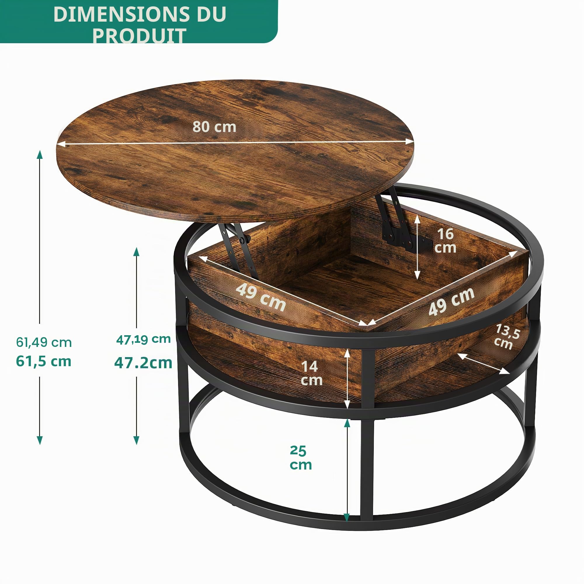YITAHOME Table Basse Relevable avec Rangement Caché, 80x80X47cm, Table Basse Ronde Salon avec Cadre Métallique Robuste, Forte Charge Portante