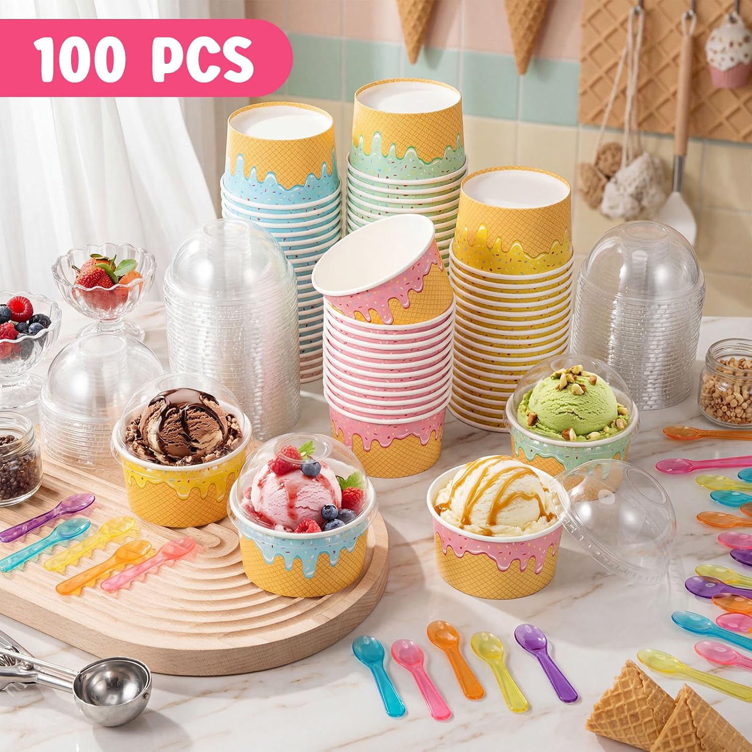 100 Pack Ice Cream Cups with Lids and Spoons Paper Dessert Cups Colorful Sundae Bowls Disposable Ice Cream Containers for Hot Soup Spring Summer Graduation Bar Party Supplies (8 oz)