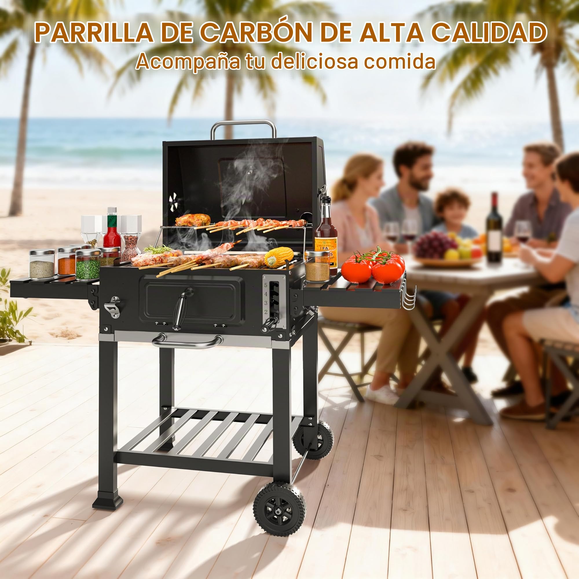 TEENO XXL Barbacoa de Carbón de Madera, Termómetro Integrado, Chimenea, Sacacorchos y Unidad de Ahumado, Barbacoa XXL con Parrilla para Mantener Caliente, Fiestas y Reuniones Familiares