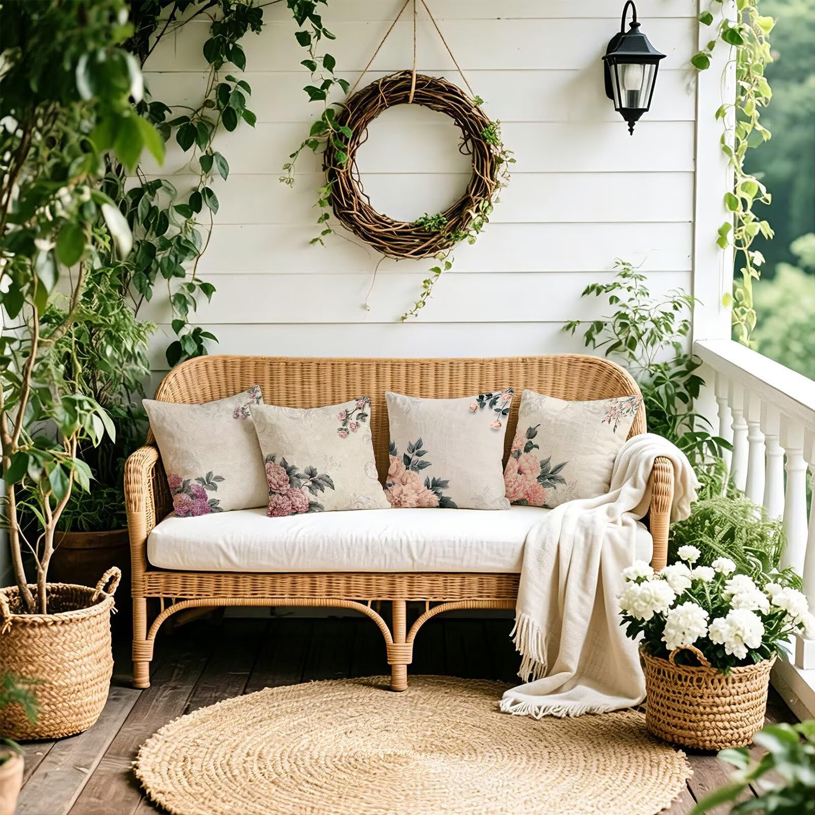 Coussin Exterieur Impermeable Rose, Taie Oreiller 60x60 Set de 4, Cod-3739