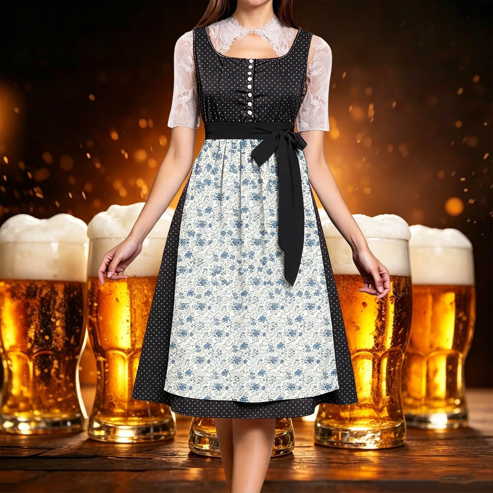 Generisch Vestido tirolés 2026 con lazo de cordones para elegante vestido de fiesta hasta el suelo con banda en la cintura, corte victoriano, ideal para celebraciones, ocio, todo el año