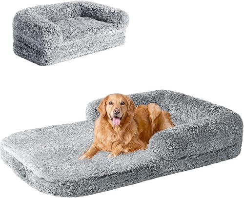 EHEYCIGA Cama plegable XXL para perros de tamaño grande, sofá cama mullida de piel sintética de 54 x 38 x 7.5 pulgadas, cama grande ortopédica