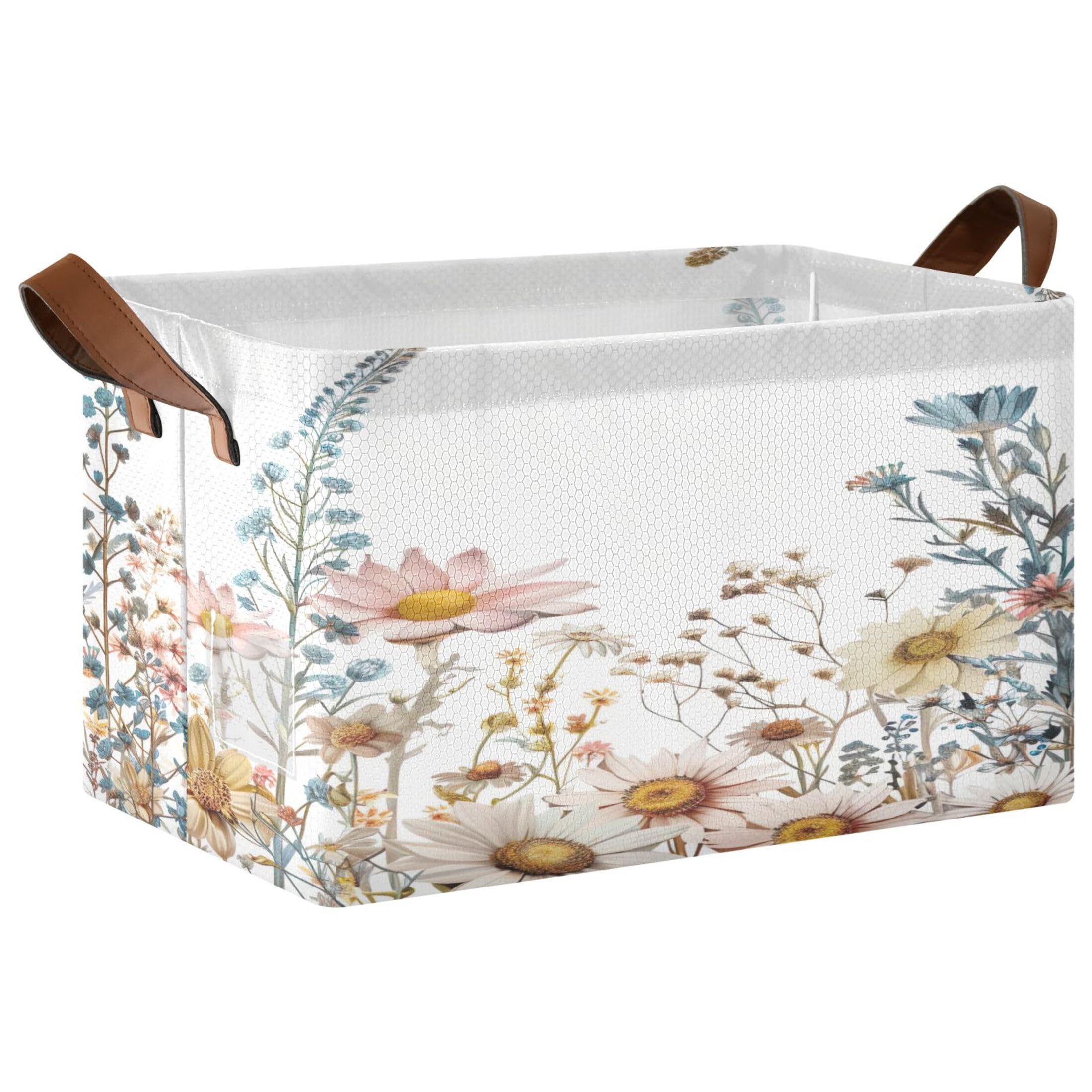 Kutsu Foldable Storage Basket Wildflowers Collapsible Storage Bin with Handles for Shelves, Rectangle Basket for Home Nursery Decor, 16.9x11.4x10 in