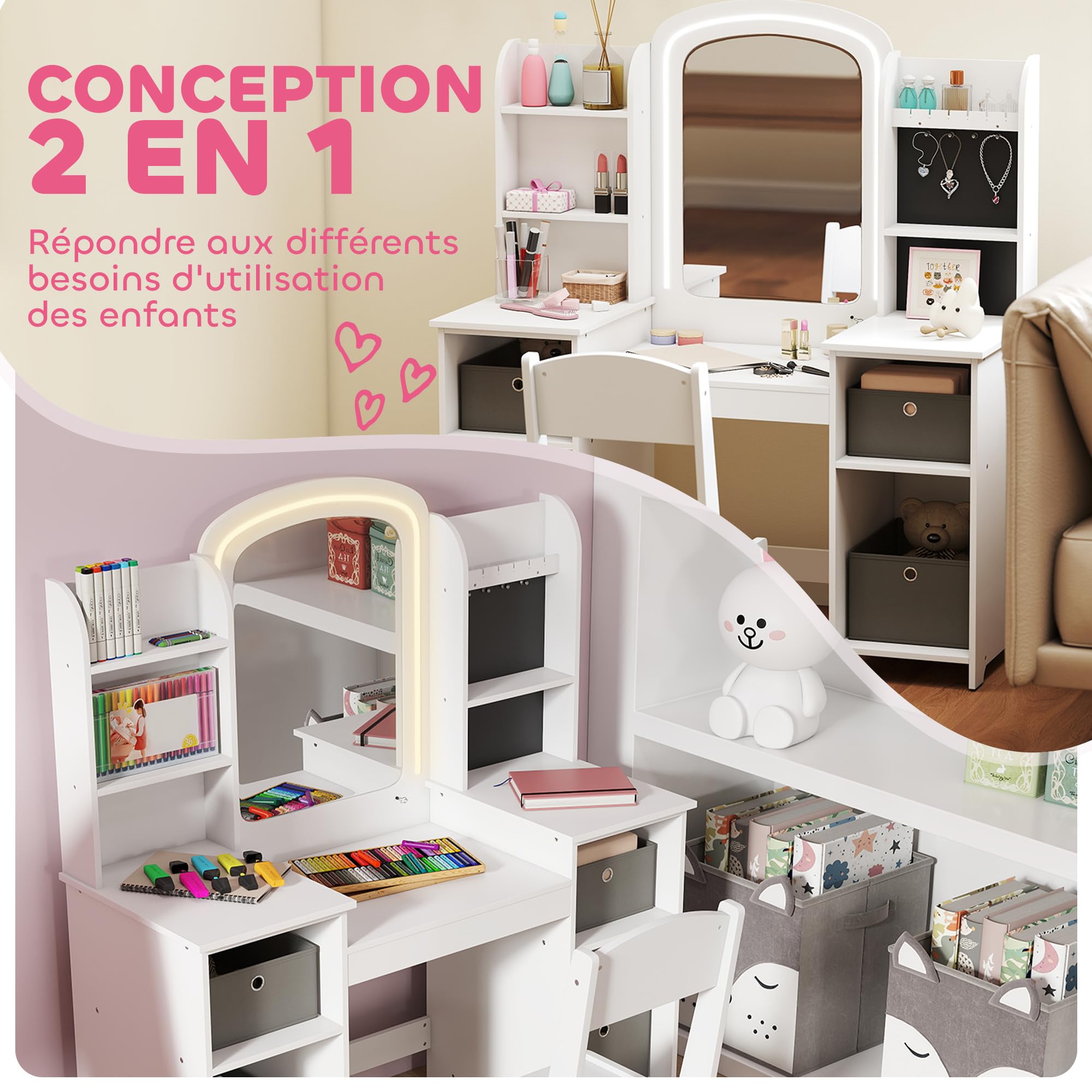 AIYAPLAY Coiffeuse pour Enfants avec Tabouret et Miroir LED, Coiffeuse Fille en Bois avec tiroirs en Tissu, étagères Ouvertes et Crochets à Bijoux, Table de Maquillage pour 3 à 8 Ans, Blanc