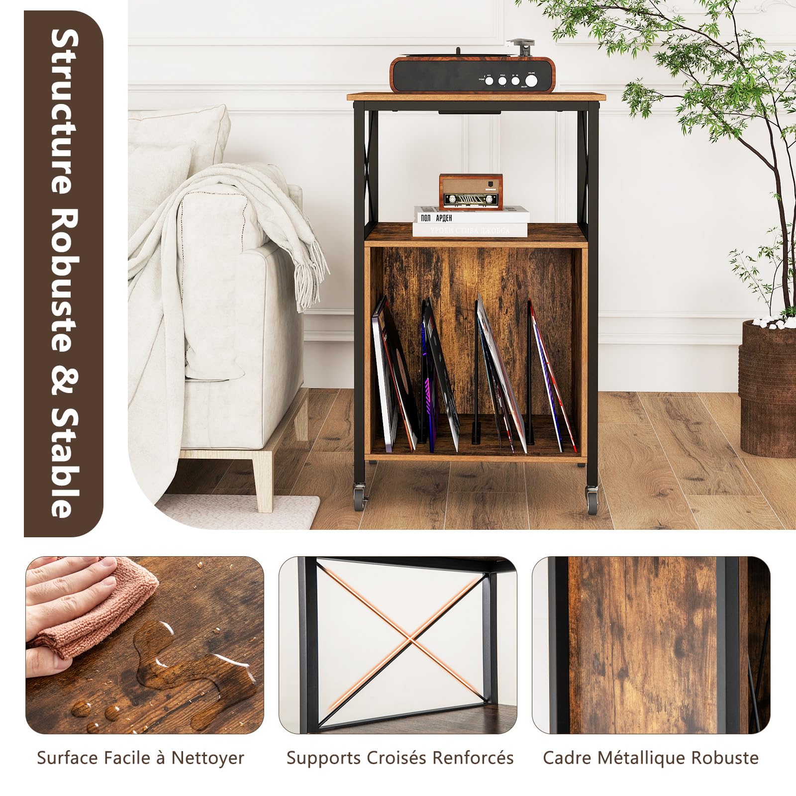 GOPLUS Meuble Platine Vinyle avec Station de Charge Intégrée, 2 Prises AC, 1 USB, et 1 Type-C, Support pour Tourne-Disque, 2 Roues Verrouillables, Style Industriel pour Vinyles et CD, 50x45x82cm