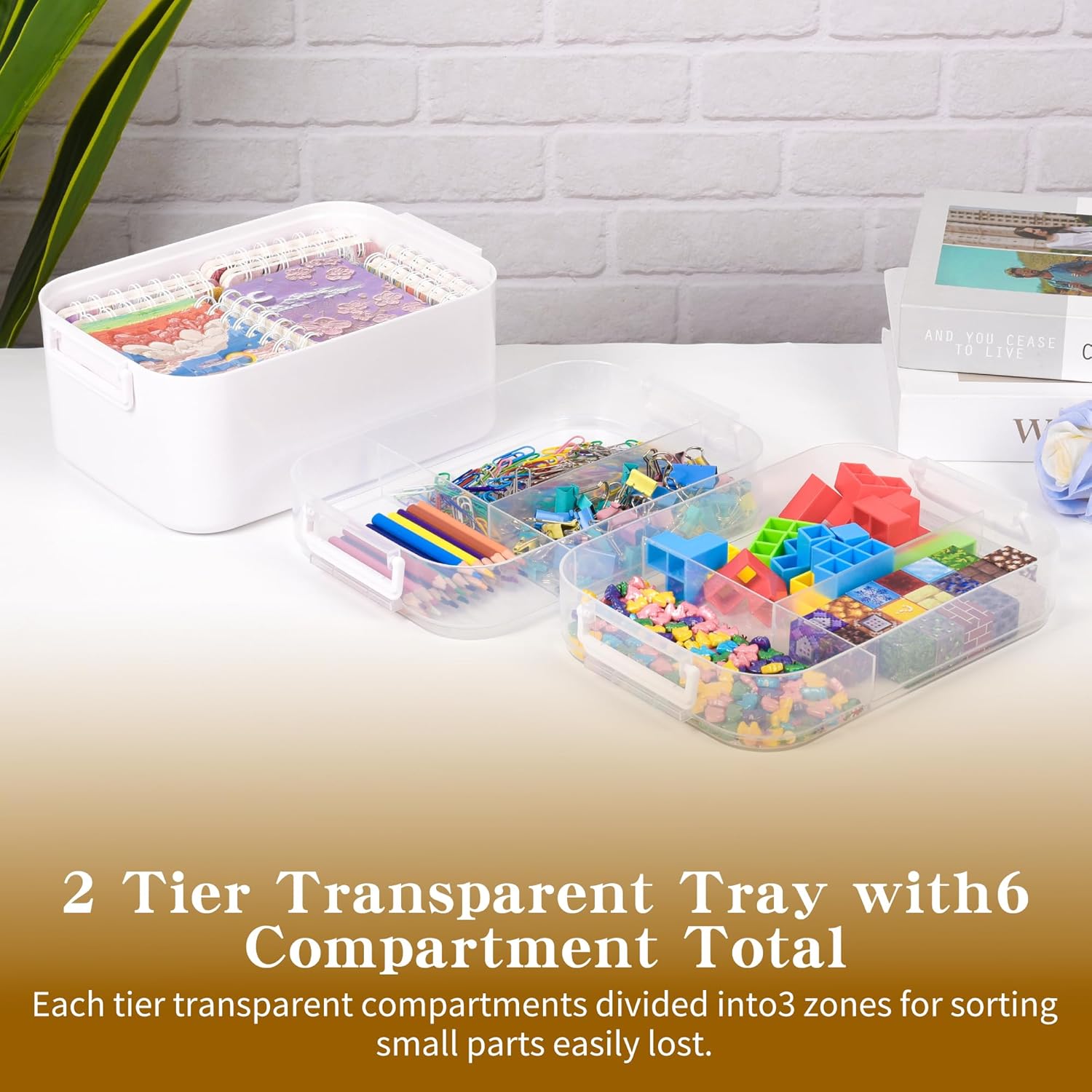 3-Tier Art Supply Storage Container, Stackable Craft Organizer Box with Dividers, Clear Plastic Storage Case for Markers, Toys, Coloring Books 11.1''x7.7''x9.1''(Large-3 Layer)