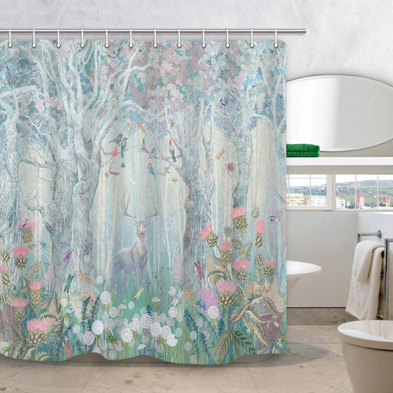 Duschvorhänge, wasserdicht, Wald mit Blumen, Vögeln, Schmetterlingen, Libellen, Stoffvorhänge für Badezimmer, Badvorhänge 200x240cm/BxH