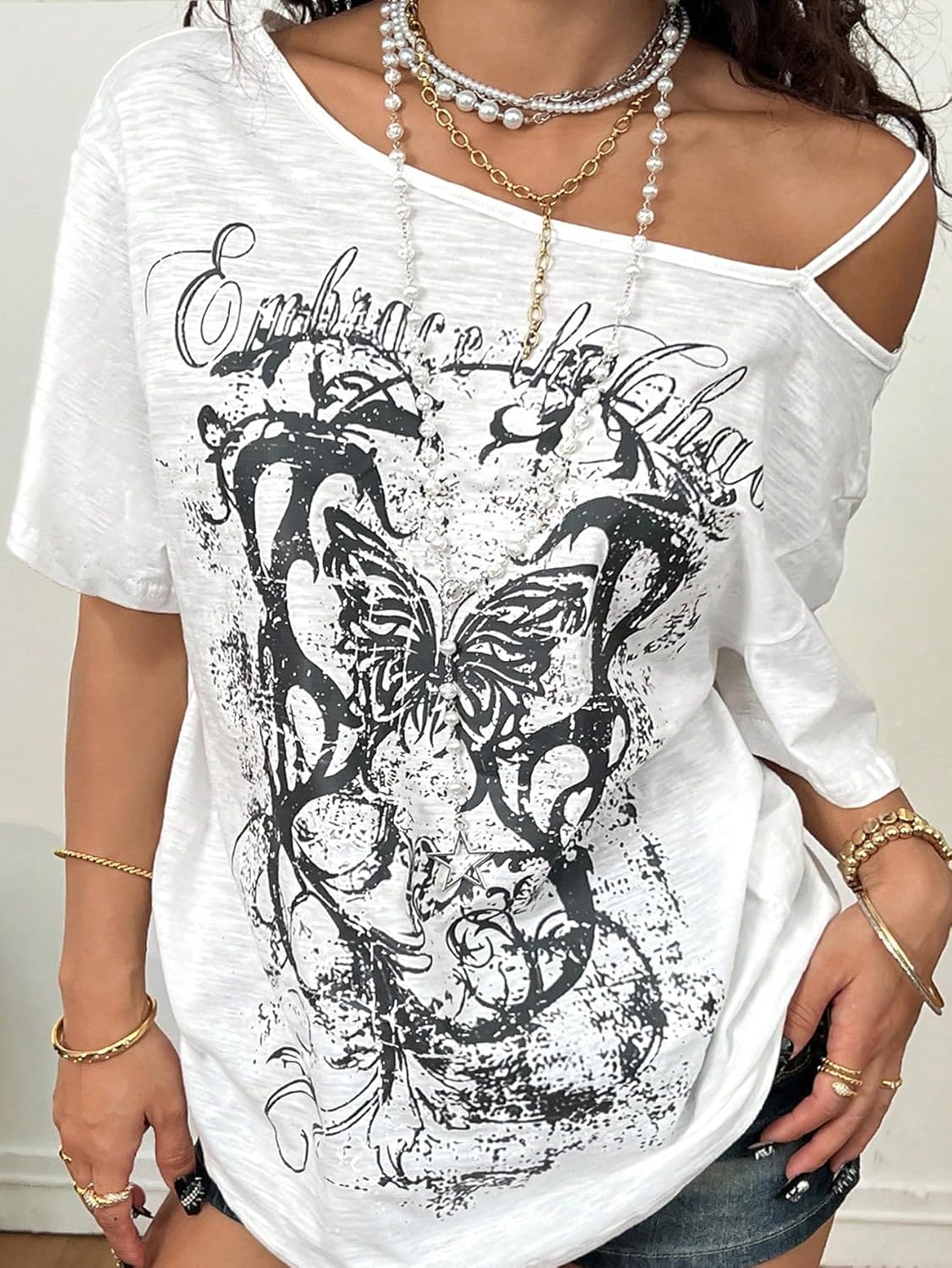 SOLY HUX Women's Off The Shoulder Tops Y2K Graphic Tees Short Sleeve Oversized Going Out T-Shirts Streetwear - Image 2