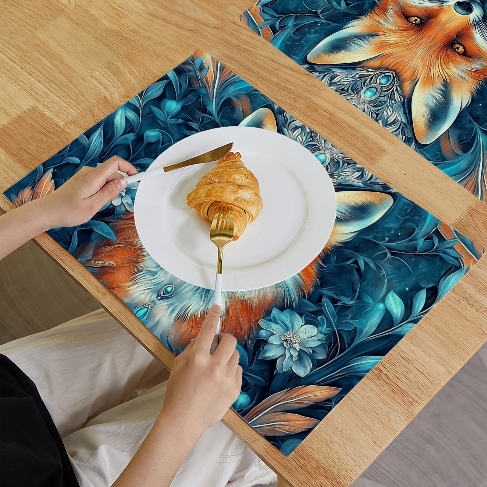 Set di 8 Colazione Stoffa 30x45cm, Volpe Gialla Cotone e lino Tovagliette Americane Lavabili, Tovagliette Animali Carini per Primavera Vacanze Cucina Feste, Pasqua