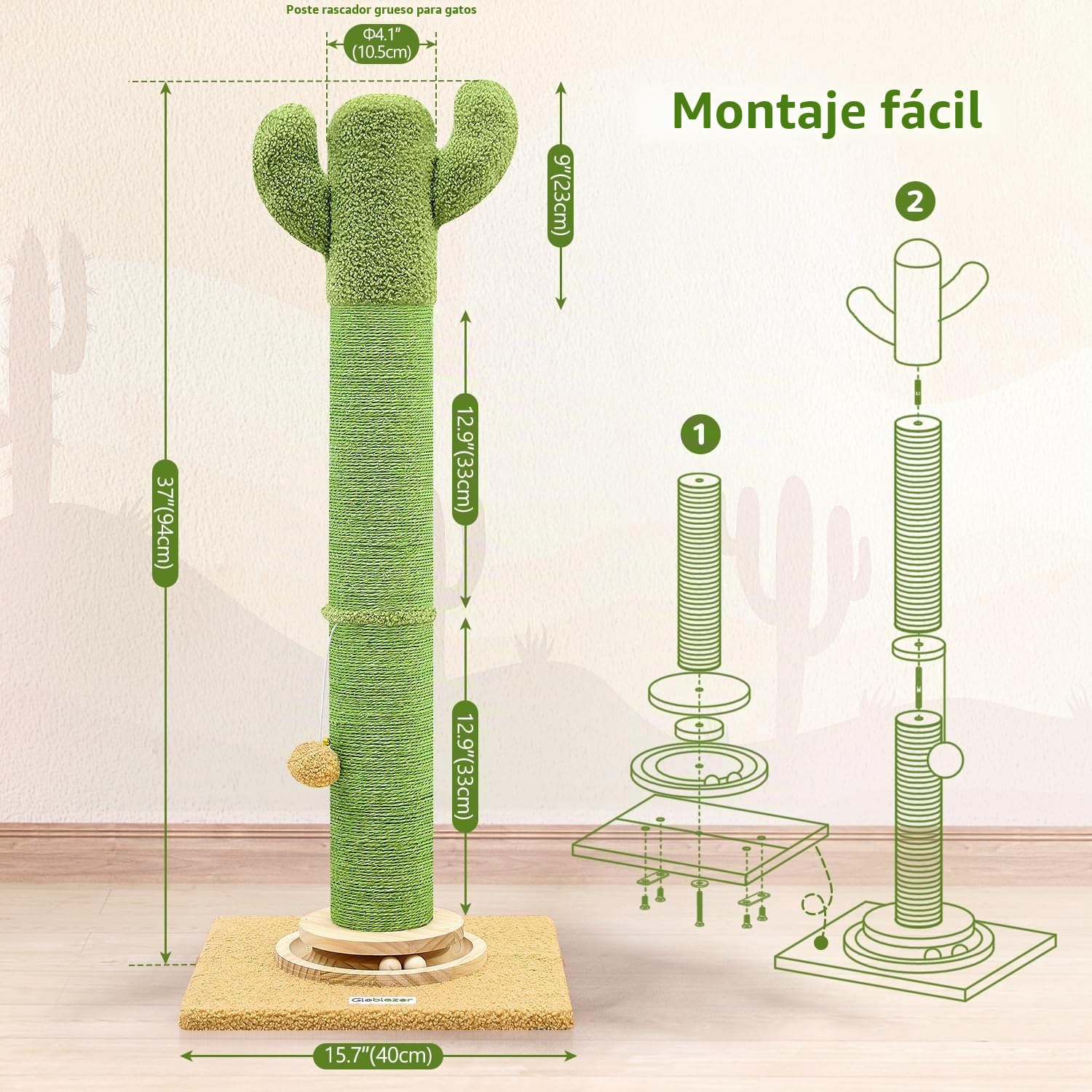 Globlazer Postes Rascadores Cactus Verde XXL Alto 94 cm con Trackball Madera Felpa Gato Juguete Grande Base Poste Sisal, Rascador para Gatos Grandes Jugar Rascarse Interior (SC37, Verde)