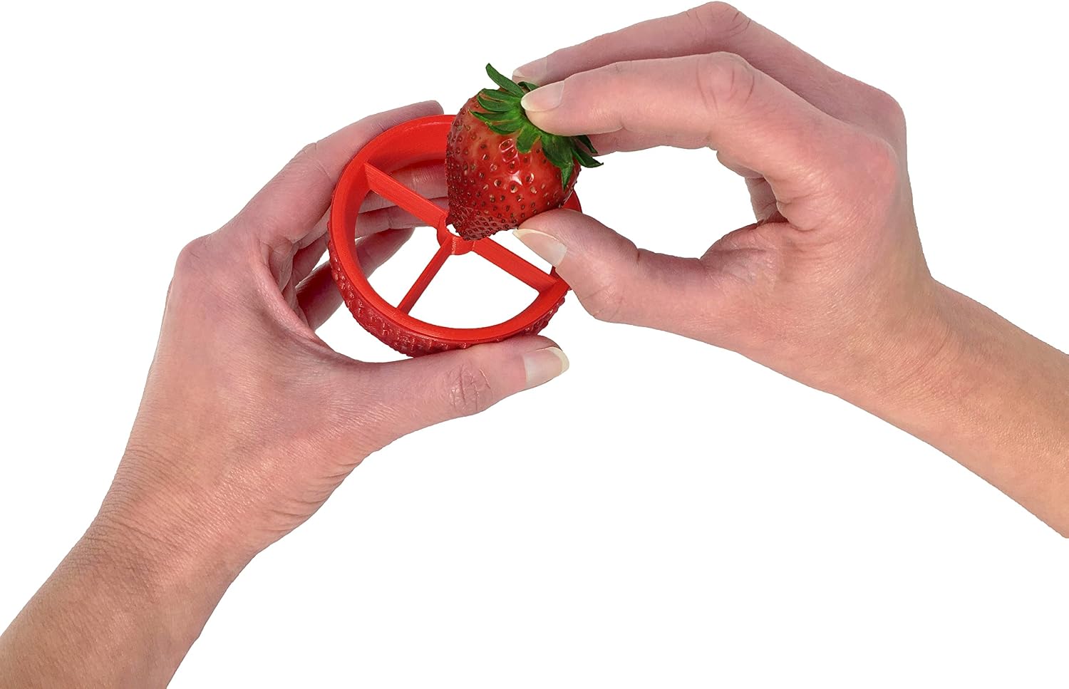 Fusionbrands PushBerry 2-in-1, One Step Kid-Friendly Strawberry Stem Removal, Hull, and Slice Tool, Red