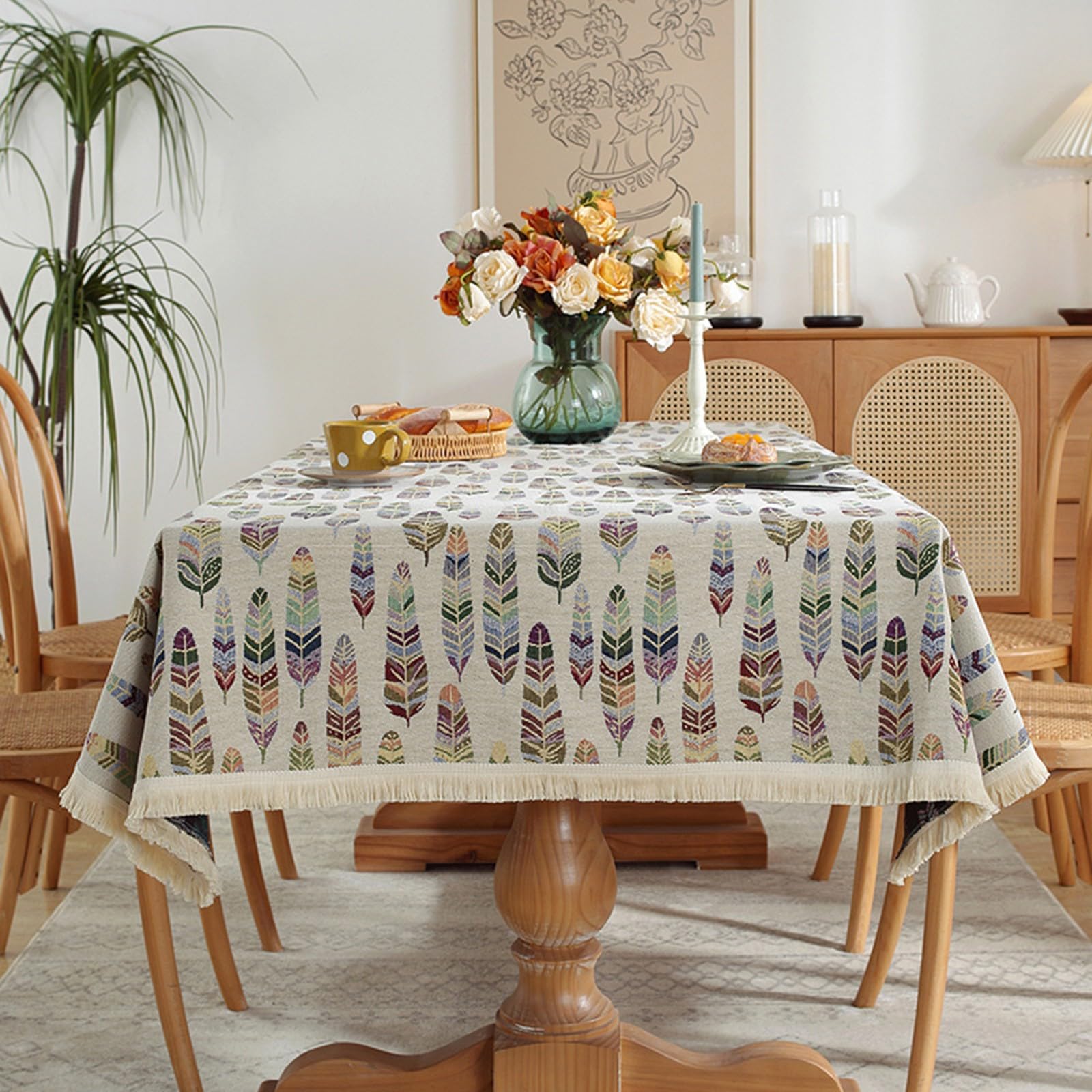 Nappe en lin bohème avec pompons | Rectangulaire 140x180 cm