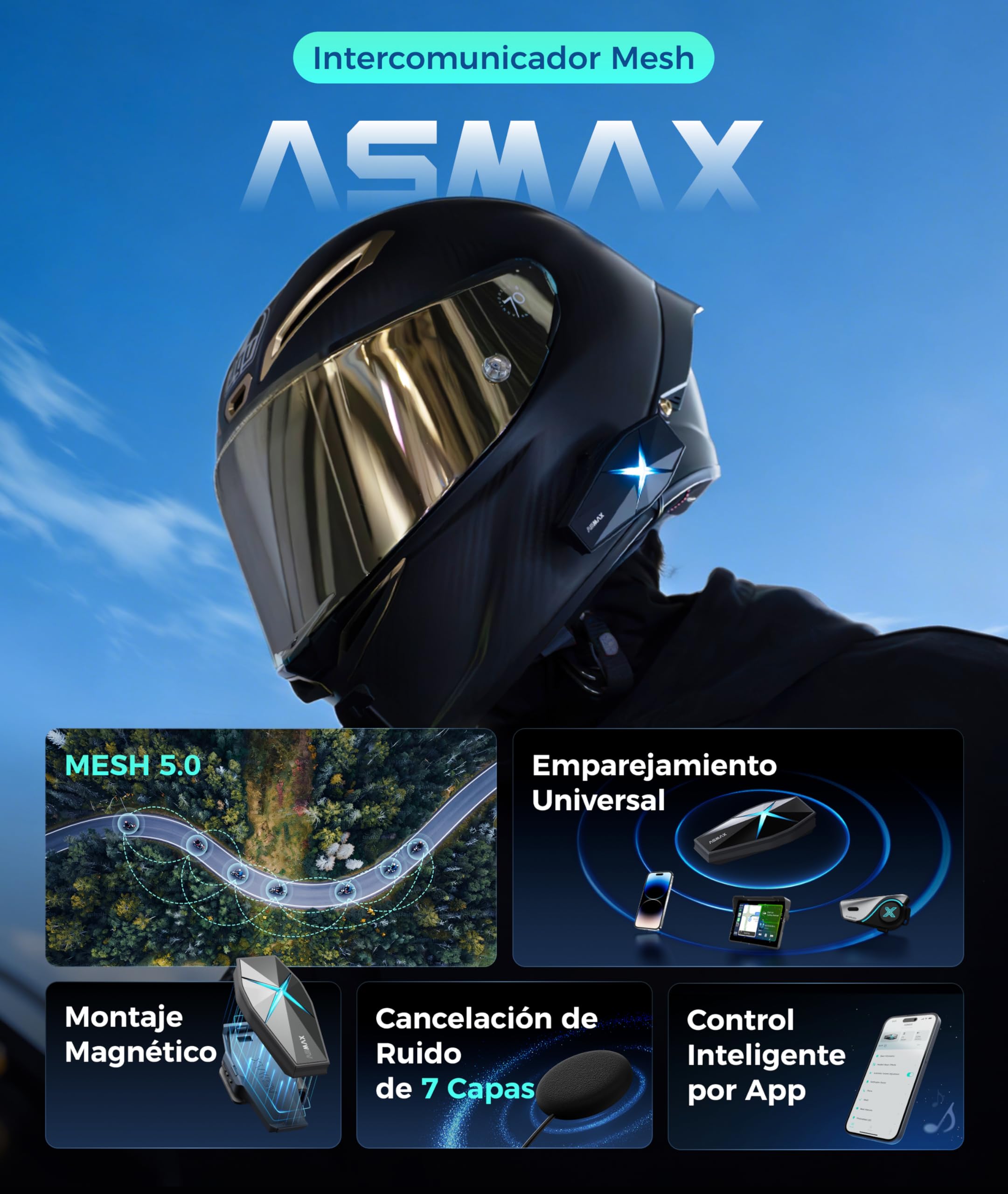 ASMAX F1 Intercomunicador Casco Moto Bluetooth, 10 Vías Mesh Intercom | Control de Voz en Español, Carga Rápida, ENC Cancelación de Ruido, Emparejamiento Universal, Base Magnética, Individual