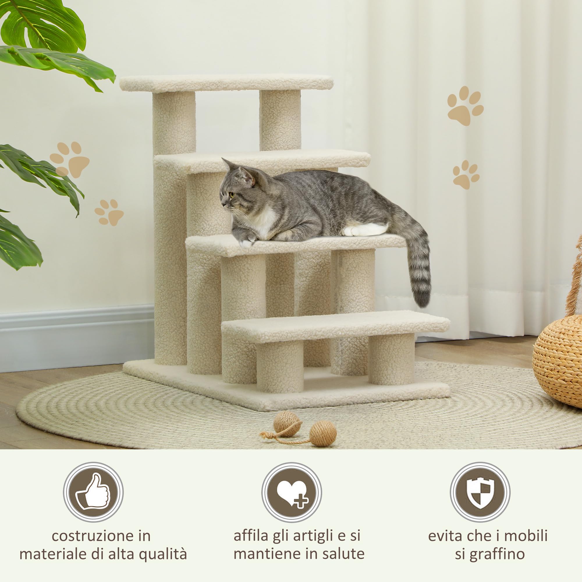 PawHut Scaletta per Cani e Gatti a 4 Gradini con Rivestimento in Peluche, Scala per Gatto e Animali Domestici Antiscivolo, Scalini per Cuccioli per Letto e Divano, 61x41x60cm Crema