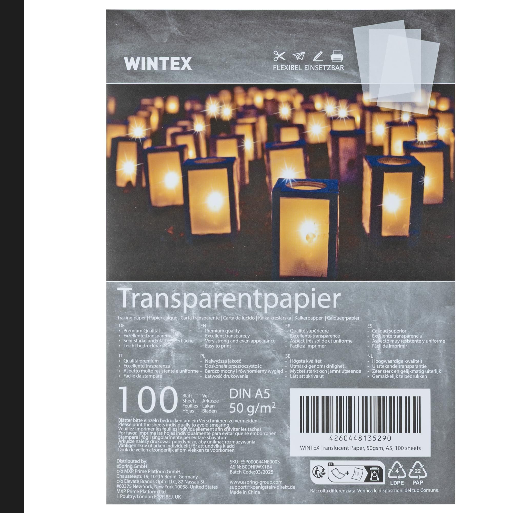 WINTEX Papier Transparent Imprimable - Lot 100x Feuille Calque A5 pour Patron Couture Dessin Architecture - Papier Calque Imprimable Impression Jet d'Encre - Feuilles Transparente Imprimante