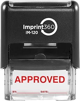 AS-IMP1102R - Approved Stamp with by: & Date:, Red Ink, Heavy Duty Commerical Self-Inking Rubber Stamp, 9/16" x 1-1/2" Impression