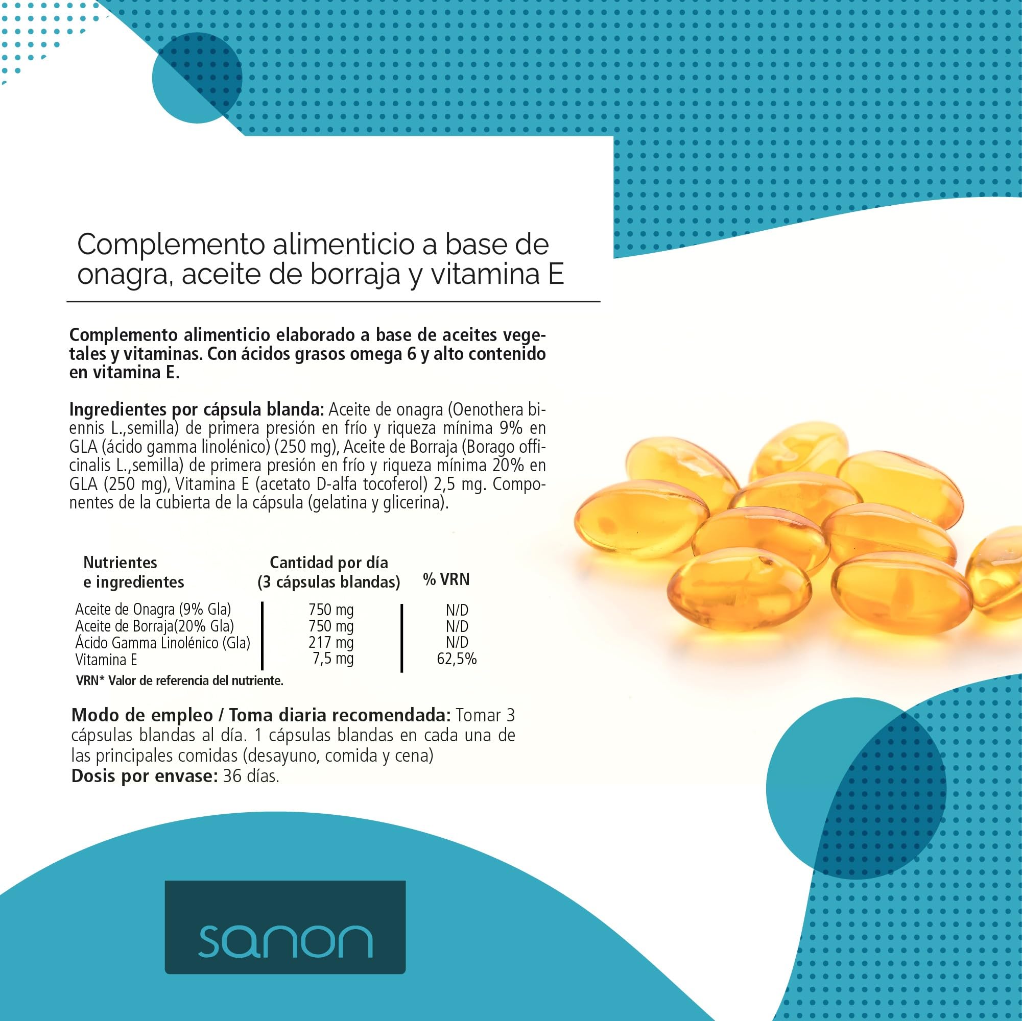 SANON Onagra y Borraja con Omega 6 y Vitamina E, 110 Cápsulas de 690 mg