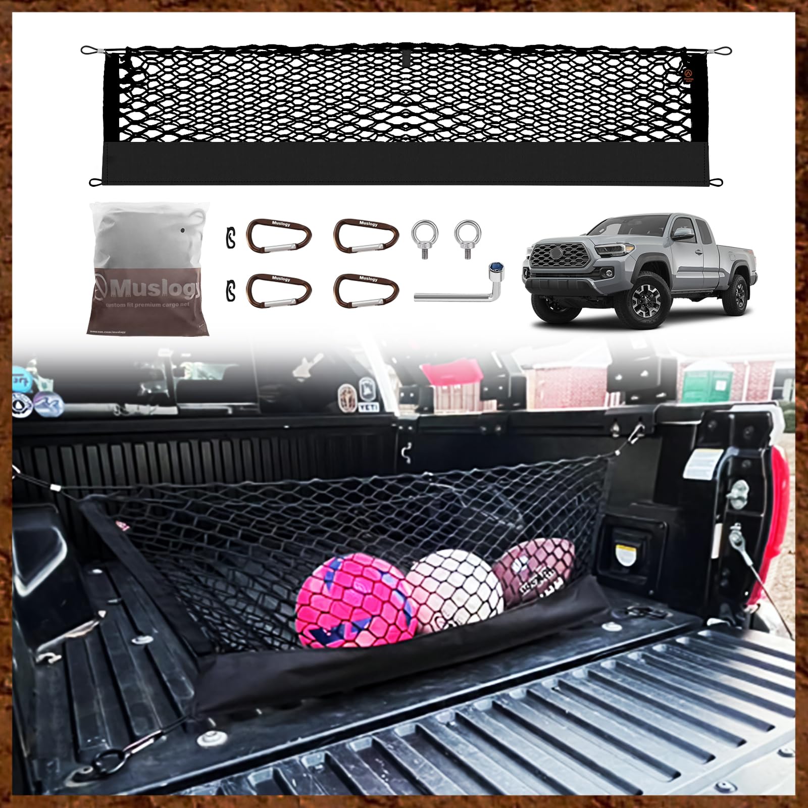 Muslogy Truck Bed Cargo Net Compatible with Toyota Tacoma 2005-2022 2023 Accessories Bed Storage Net Cargo Organizer Pickup Truck Bed Envelope Style Cargo Net with Heavy Duty Carabiner