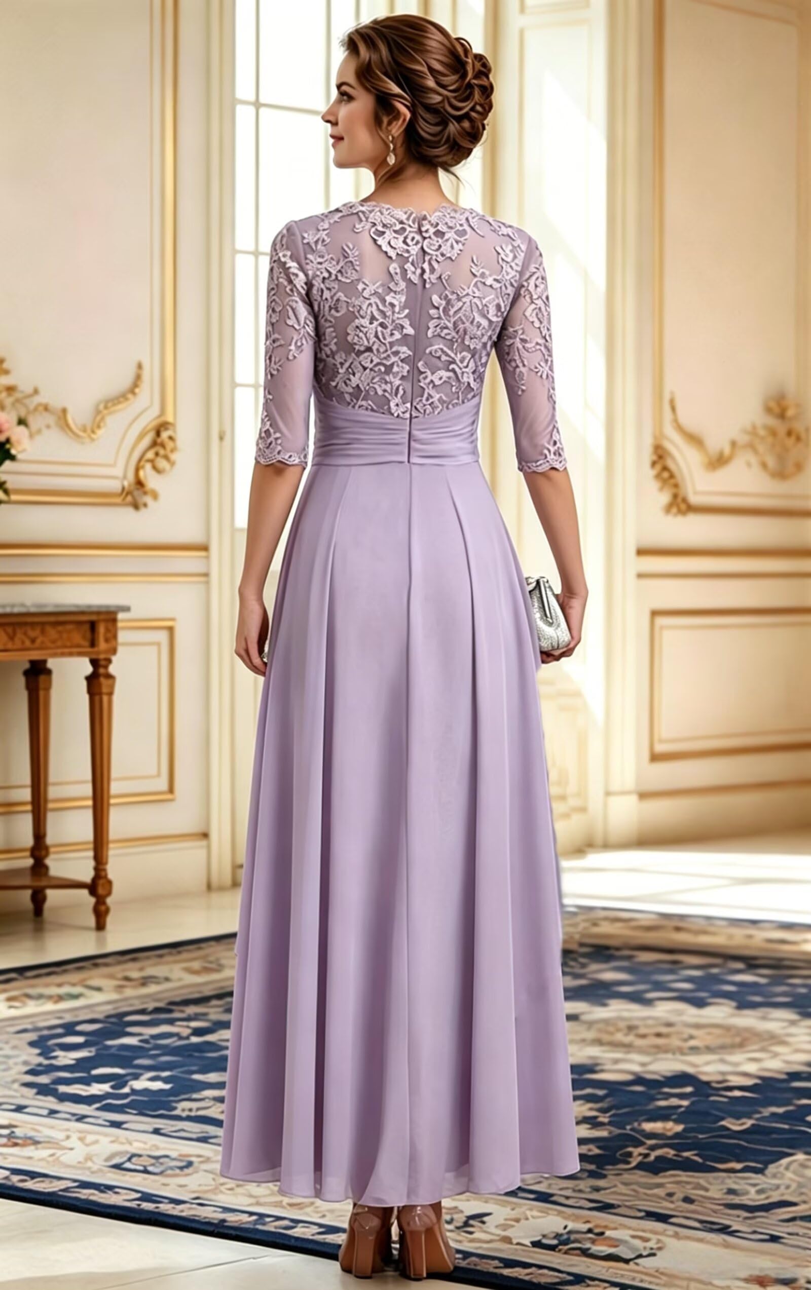 Damen Spitzenapplikationen Halbarm Chiffon Brautmutterkleider Lang A-Linie Abendkleider Elegant Für Hochzeit