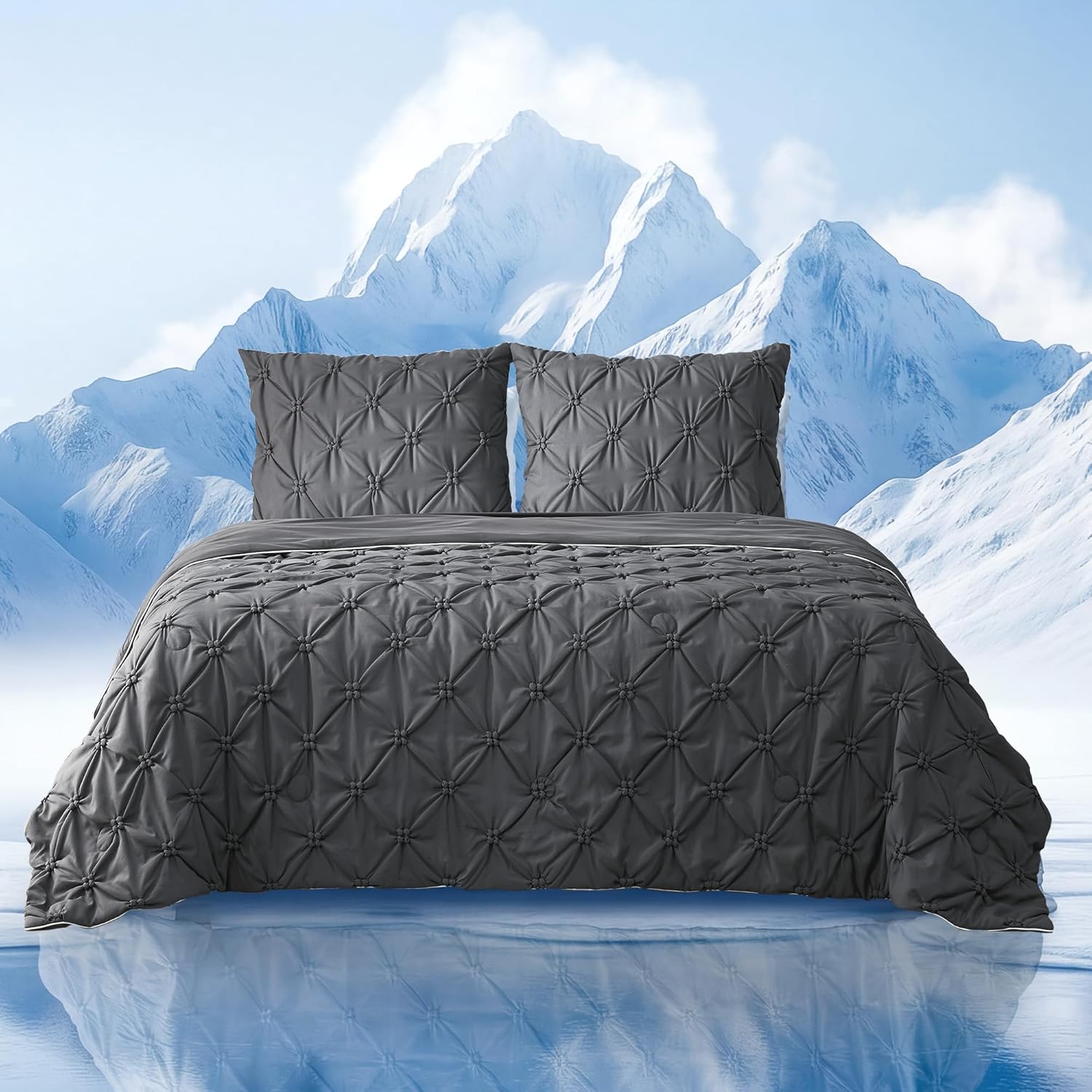 Amélie Home Elegant Pintuck Cooling Comforter Queen, Cooling Blanket for Hot Sleepers, Lightweight Summer Bedding with Q-Max 0.45 Cooling Fabric, Cold Blanket, 90''x90'', Charcoal Grey