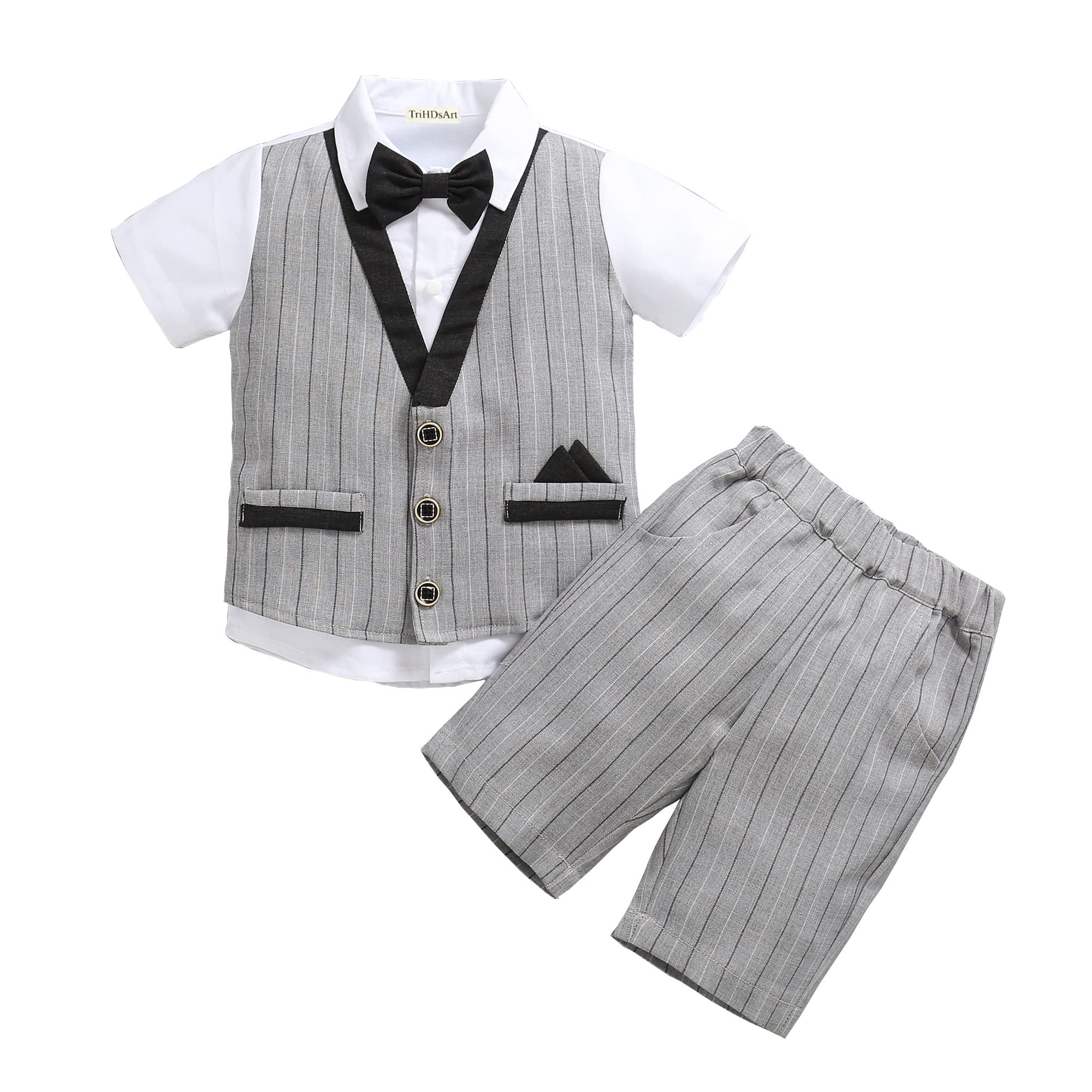 TriHDsArt Baby Toddler Boys Vest Suits Set Short Shirts with Bowtie and Pants Dressy Outfits(Grey,100)