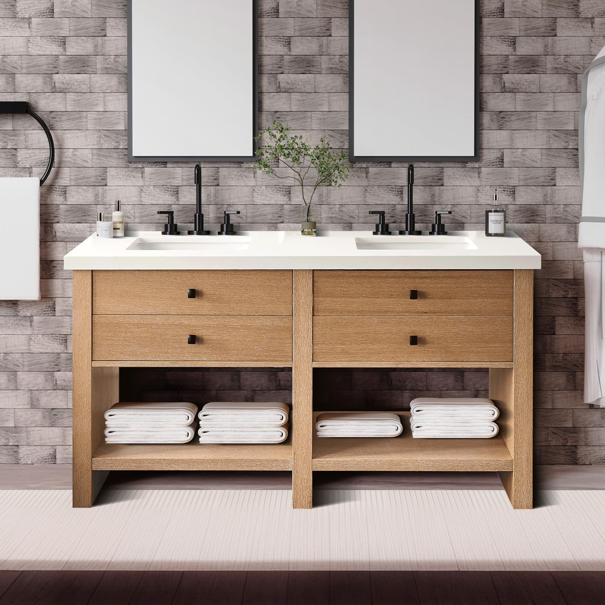 counter top of 60" Double Sink Bathroom Vanity - Farmhouse Freestanding Vanity with 2 Integrated Quartz Stone Sinks, Oak Wood Cabinet, 2 Soft-Close Drawers - Rustic Modern Vanity for Contemporary Bathrooms