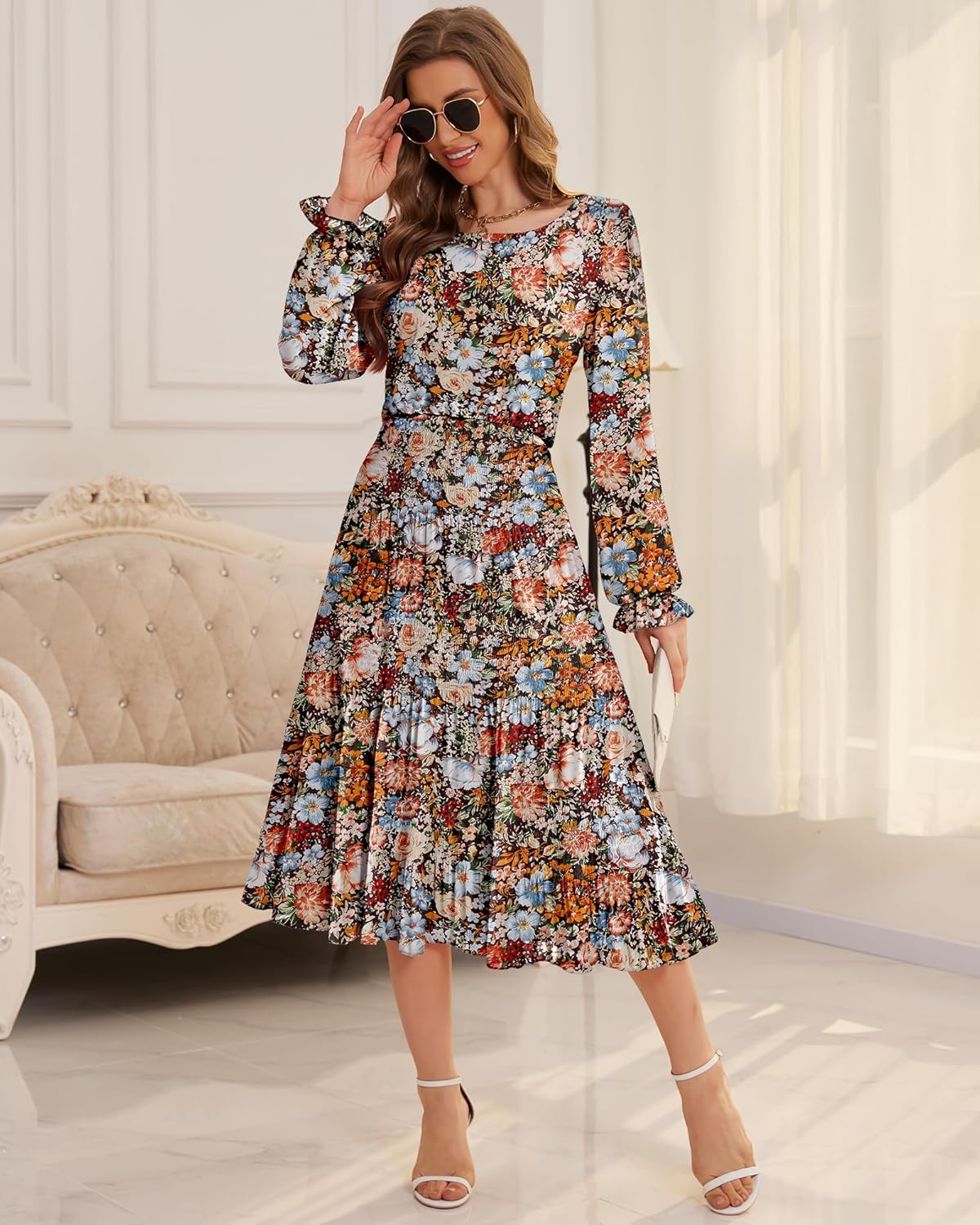 CYiNu Women's Midi Dresses Long Sleeve Crew Neck Flowy Casual Floral Boho Tiered Chiffon Smocked Elegant Dress - Image 5