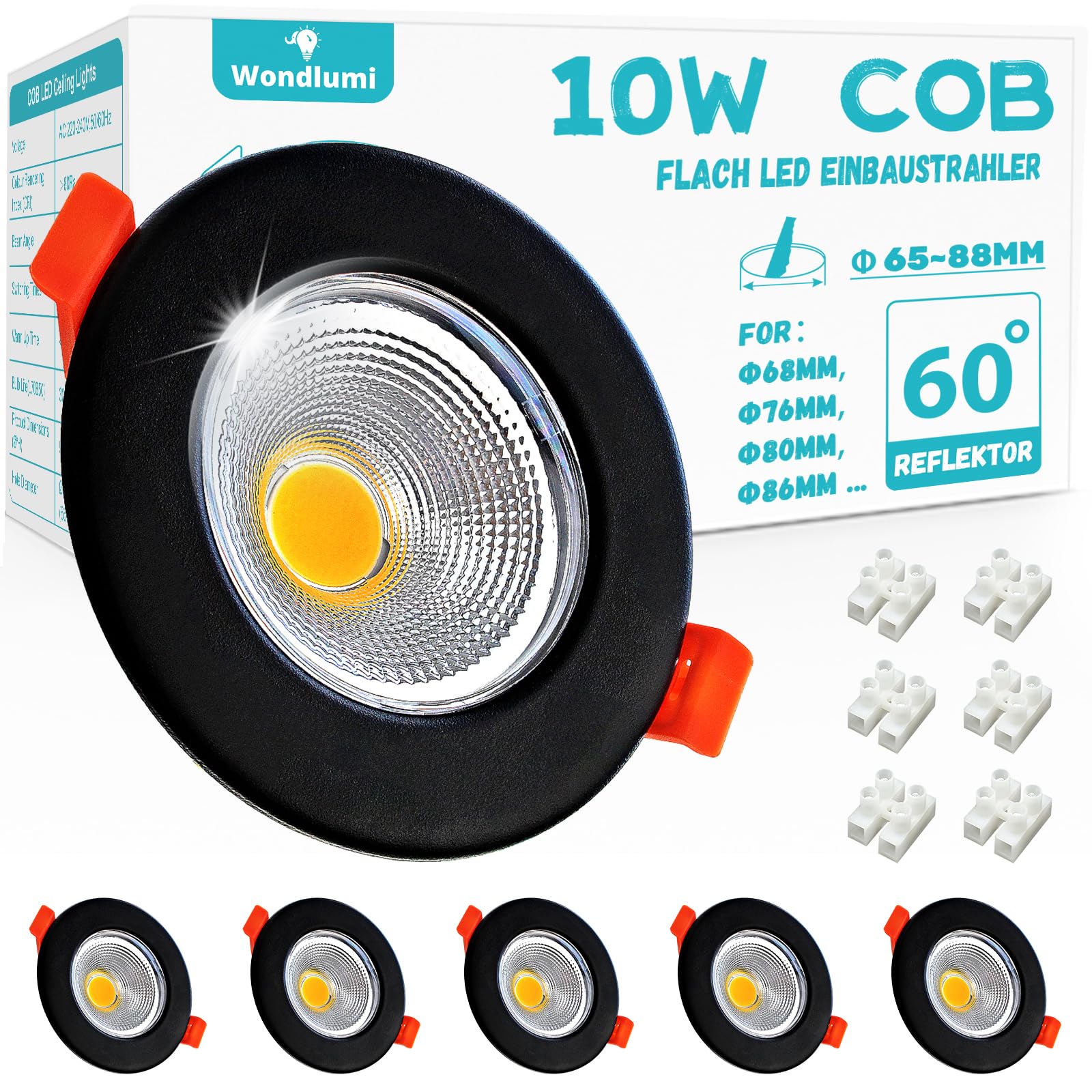 6er LED Einbaustrahler 10W 4000K COB Schwarz 65-88mm Flach IP44