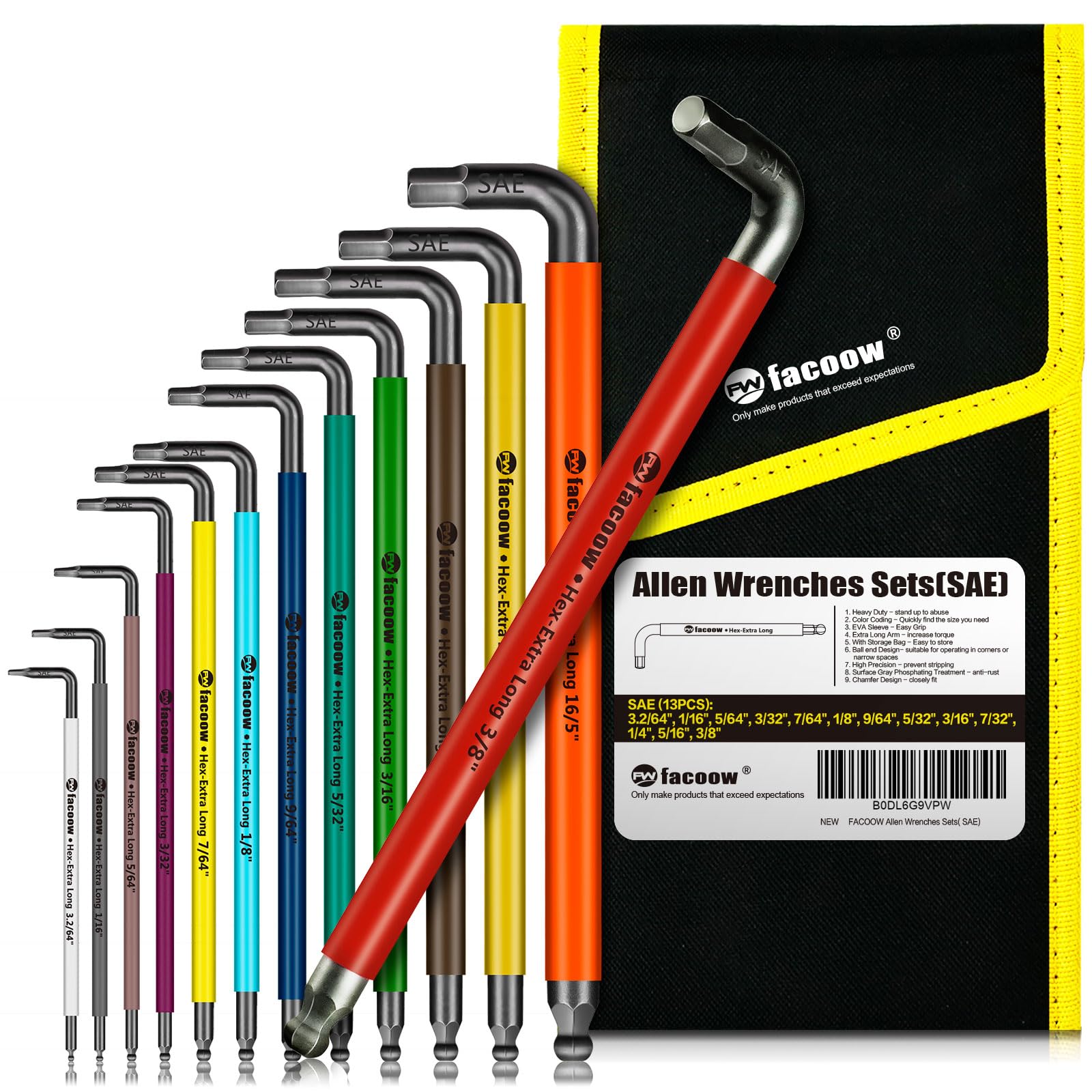 Facoow Allen Wrenches Set, 13pcs Full Size SAE Hex Keys with Carry Bag, Heavy Duty Extra Long Arm Hex Wrenches Sets, Ball End Hex Keys, Color Corded Premium Allen Wrenches