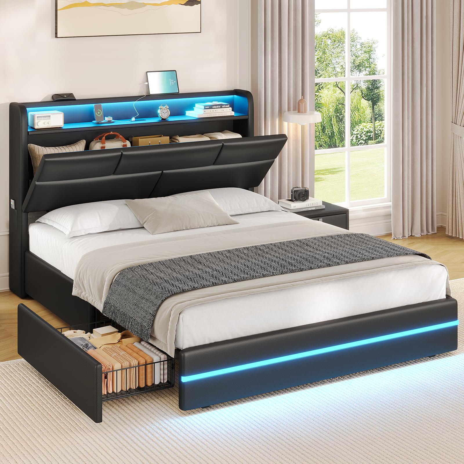 VIAGDO Queen Bed Frame with Storage Headboard and LED Lights, showing overall dimensions
