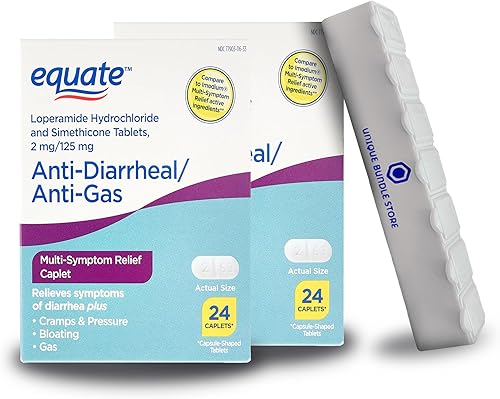 Unique Bundle Store Equate - Clorhidrato de loperamida, cápsulas de 24 unidades, alivio multisíntoma antidiarreico y antigas + organizador de