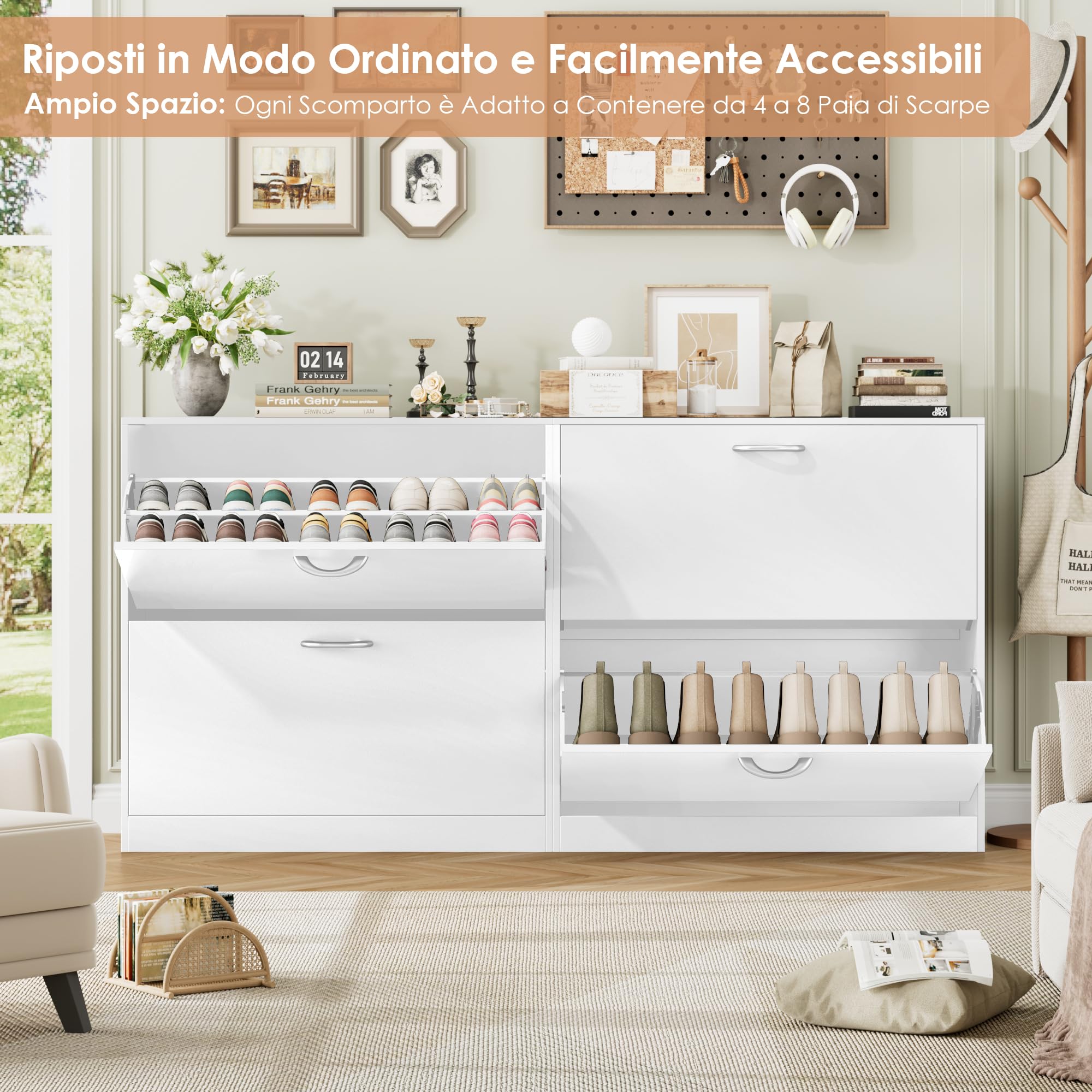 FirFurd Scarpiera Portascarpe,Scarpiera Slim Salvaspazio con 2 Ante a Ribalta,Divisore Regolabile e Rimovibile,per 12 Paia di Scarpe 80x23.5x80cm Bianco