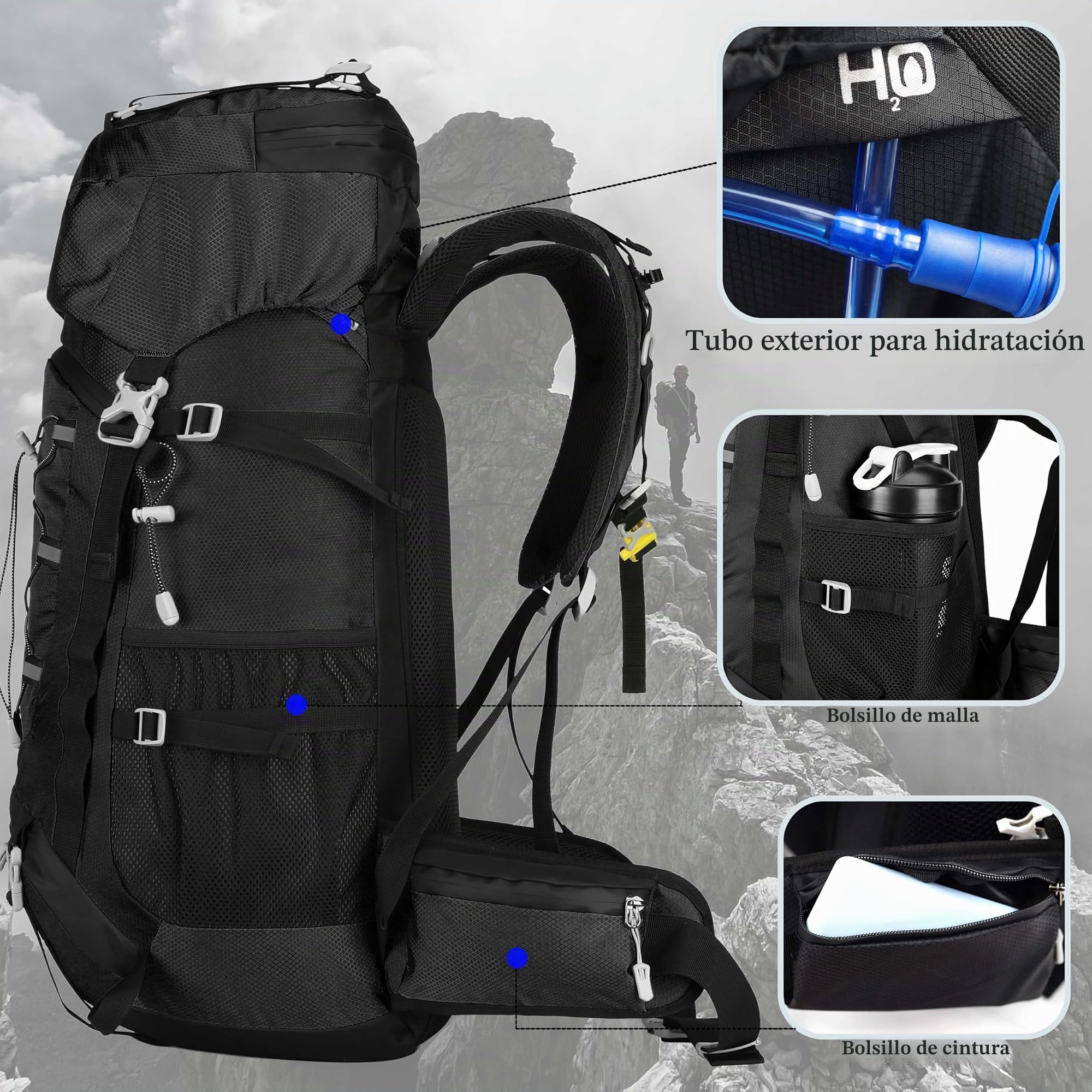 Mochila de viaje de 60 L para senderismo, camping con cubierta para lluvia, mochila resistente al agua, mochila de escalada para hombres y mujeres
