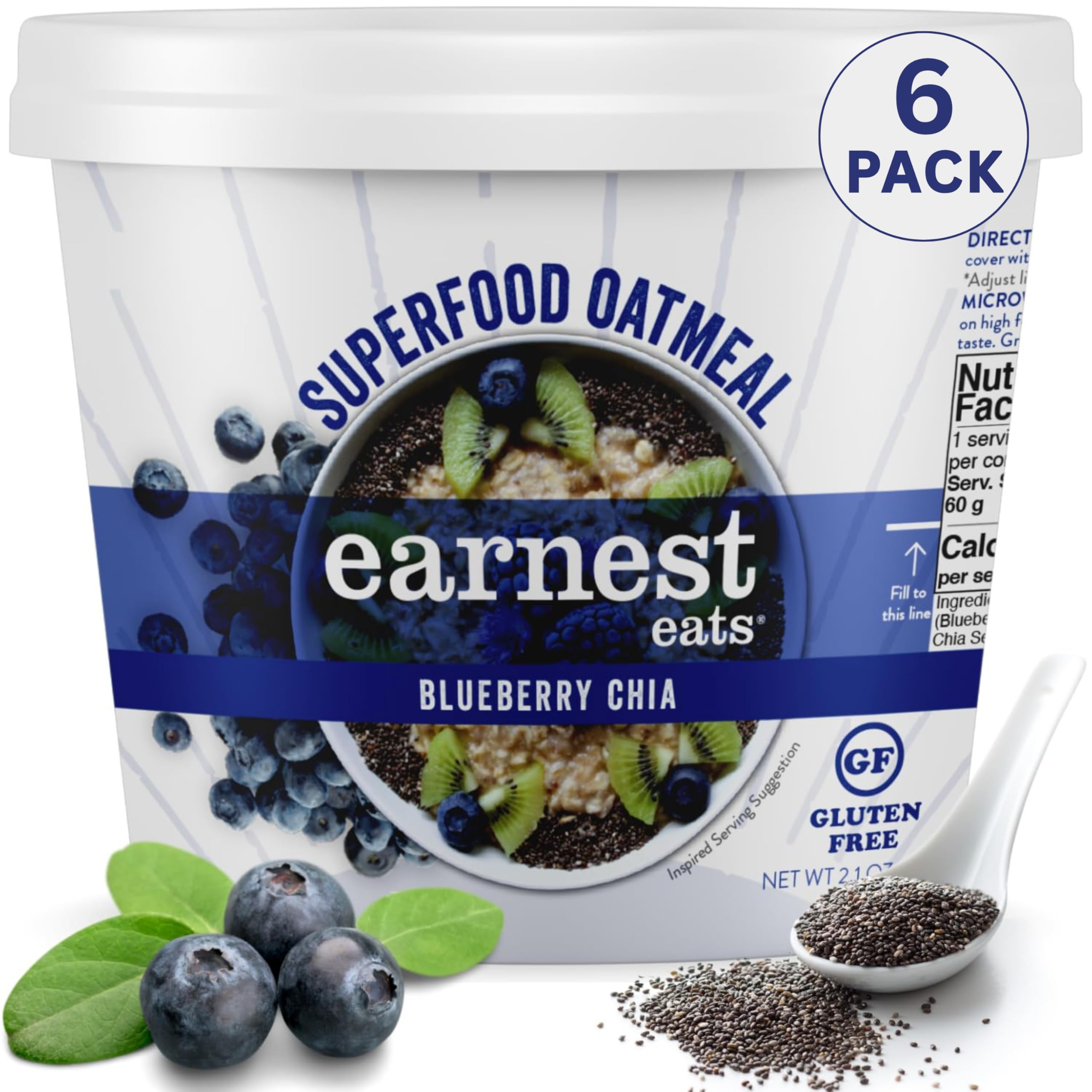 Earnest Eats Superfood Oatmeal Cups - Blueberry Chia – 6g Plant Protein, Gluten Free, Vegan, On-the-Go Breakfast, 2.1 Ounces Each (6 Pack)