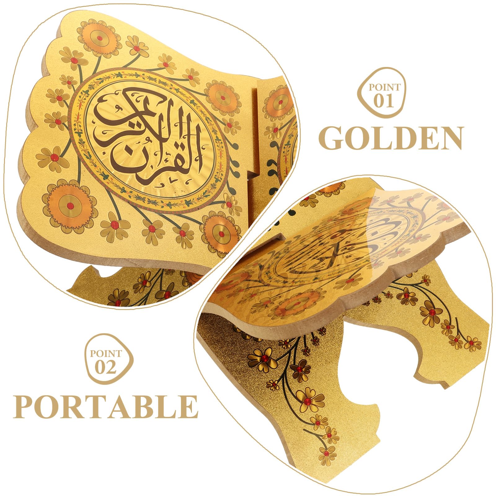 Milisten Support de livre en bois pliable Kuran Bible sacré Support de lecture pour bureau, école, musulman, décoration de table Aïd Al Fitr Décoration dorée