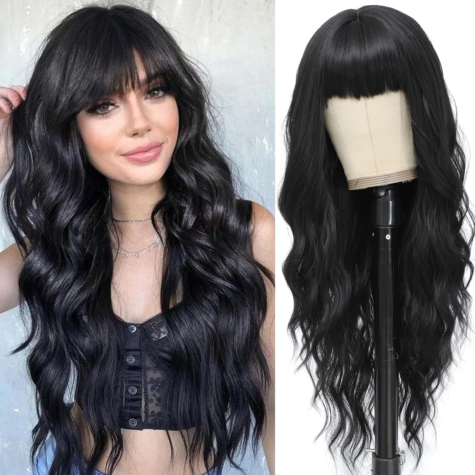 MINSEEYOO Black Wig with Bangs for Women Long Black Wavy Wigs 26 Inch Natural Black Wigs Natural Looking Heat Resistant Synthetic Wig for Daily Party
