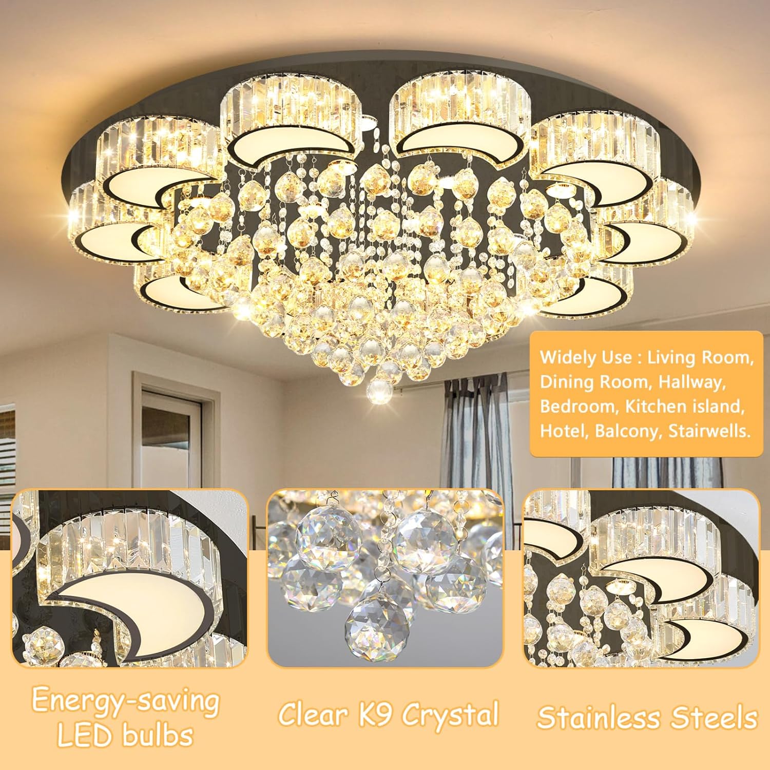 40" Black Modern Crystal Chandeliers for Dining Room LED Dimmable Light Fixtures Flush Mount Light Living Room Bedrooms