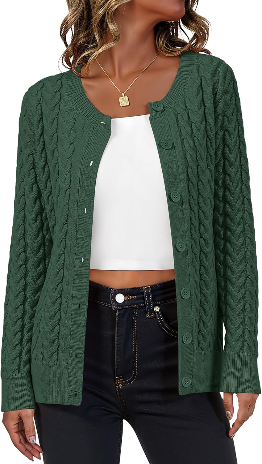 LILBETTER Womens Cable Knit Long Sleeve Crewneck Button Down Open Front Cardigan Sweater for Fall and Winter 2025