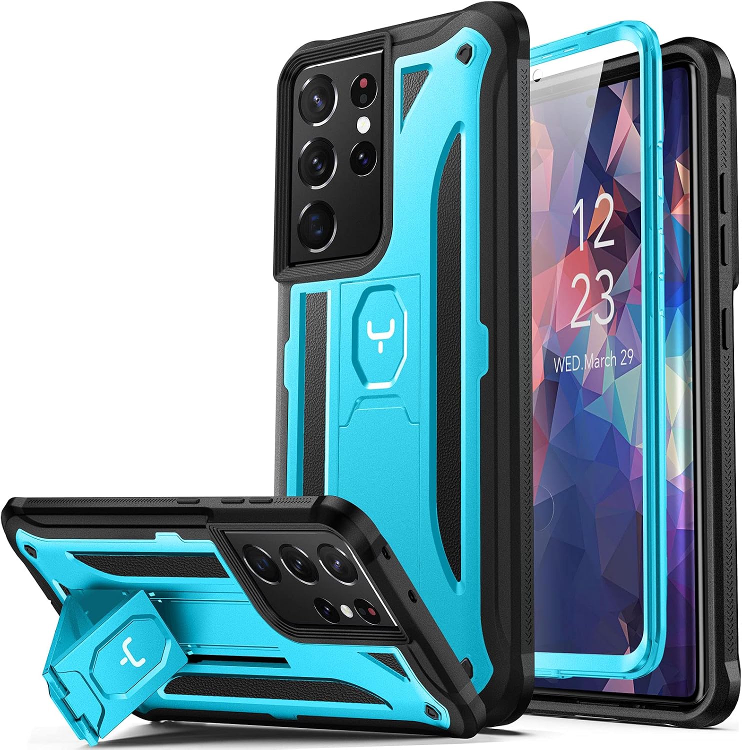YOUMAKER Compatible with Galaxy S21 Ultra Case, Built-in Screen Protector Work with Fingerprint ID, Kickstand Full Body Shockproof Rugged Cover for Samsung Galaxy S21 Ultra 6.8 inch-Blue